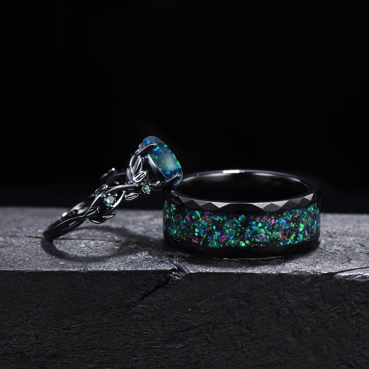 Gothic Black Opal Couple Rings Set Black Gold Pear Shaped Black Opal Engagement Ring Set Nebula Ring Tungsten Ring His and Hers Wedding Band