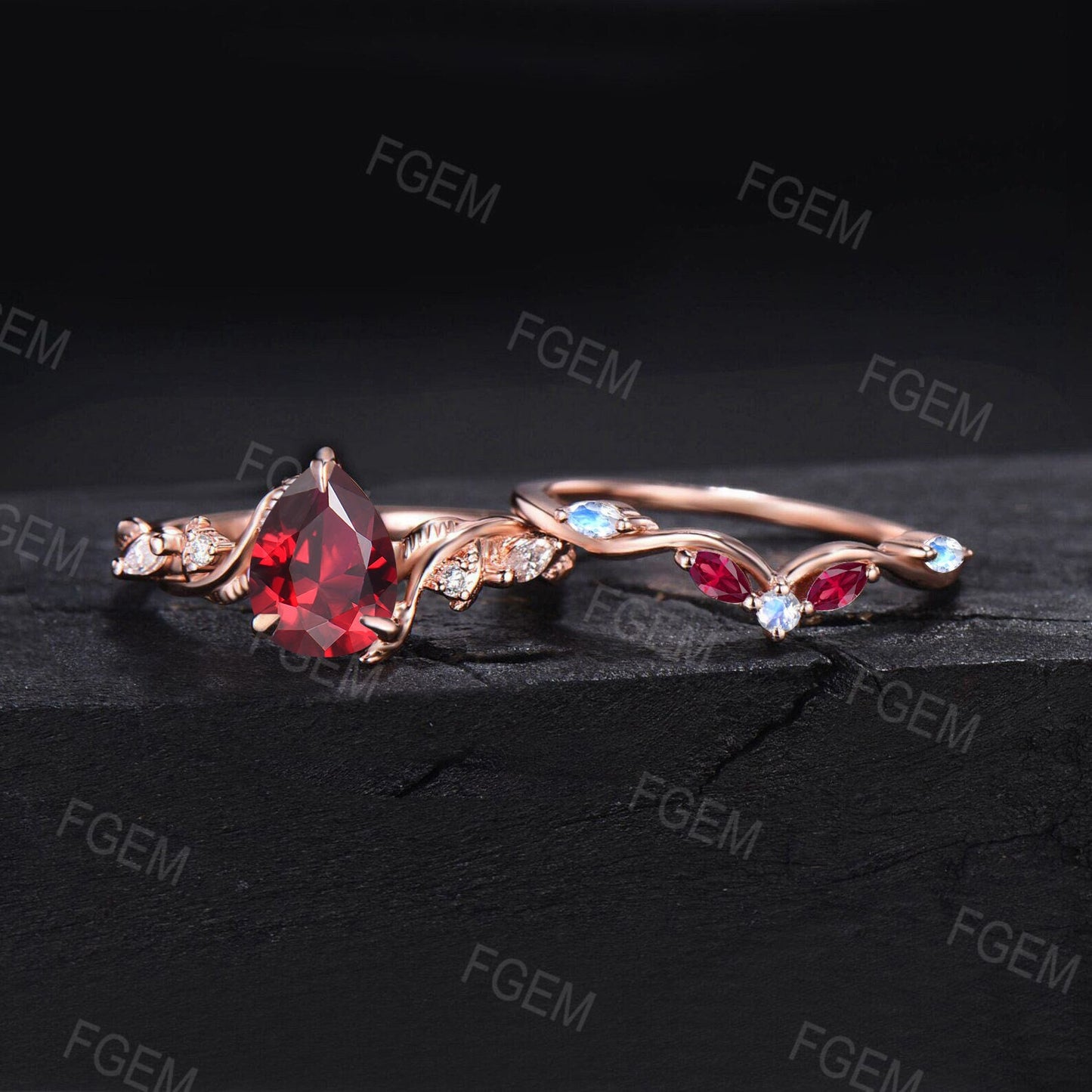 Nature Inspired Red Ruby Gemstone Jewelry 10K Rose Gold Twist Vine Ruby Moonstone Engagement Ring Set Anniversary Ring July Birthstone Gift