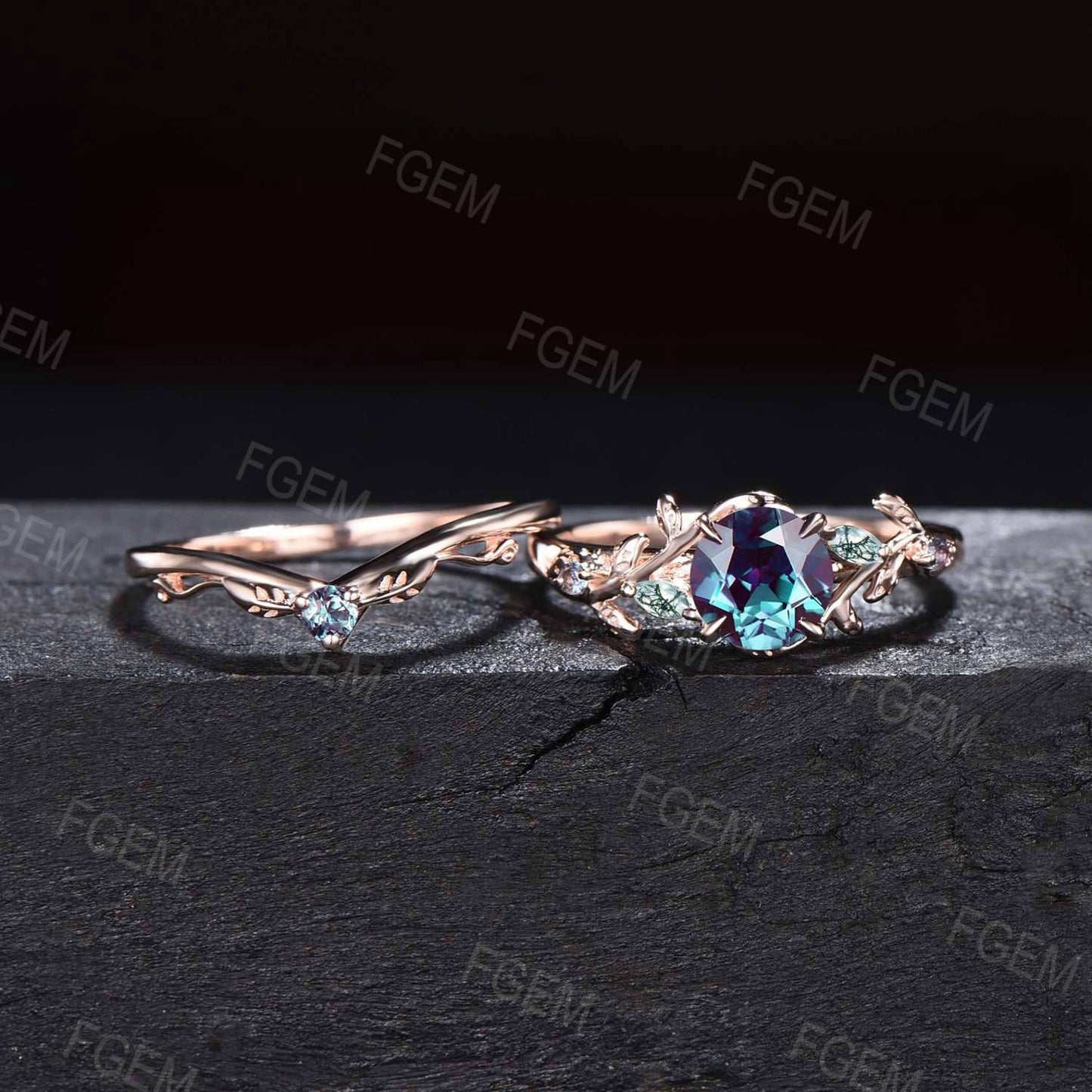1ct Round Nature Inspired Color-Change Alexandrite Ring Rose Gold Cluster Moss Agate Engagement Ring Vintage Branch Alexandrite Bridal Sets