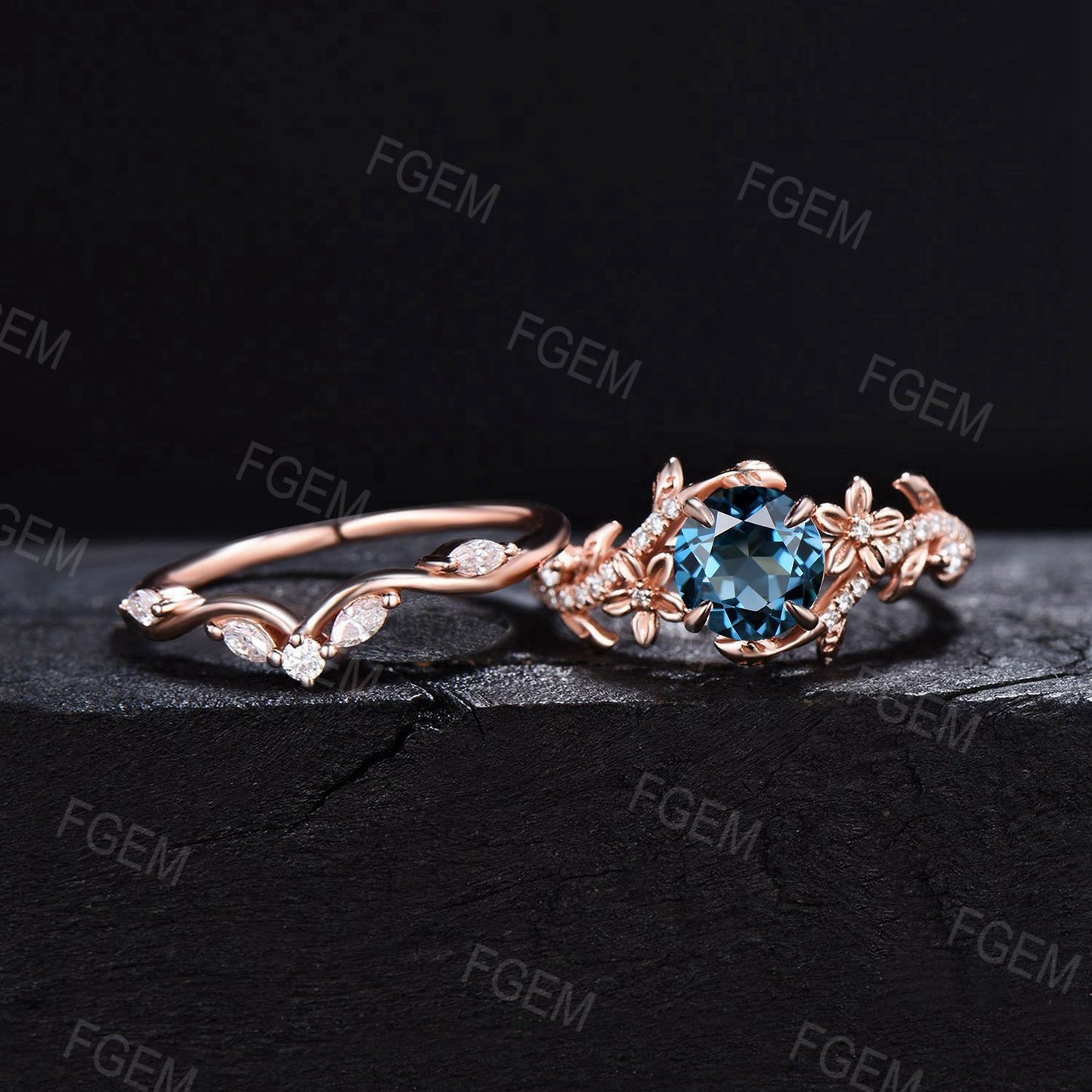Floral Engagement Ring Round Natural London Blue Topaz Ring Set Leaf Vine Moissanite Cluster Bridal Set Flower Ring December Birthstone Gift