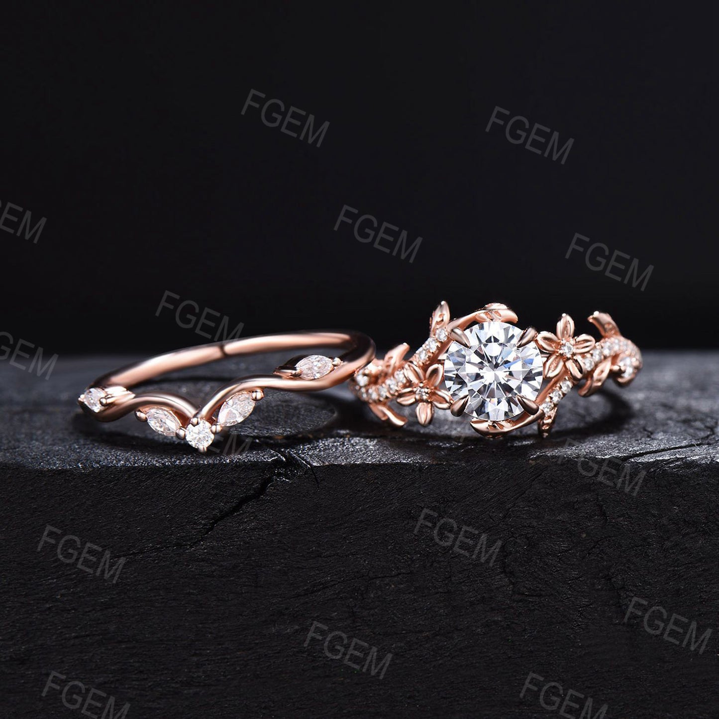 Garden Inspired Round Moissanite Engagement Ring Set 1ct Rose Gold Entangled Vines Bridal Set Floral Wedding Ring Promise Gifts For fiancee