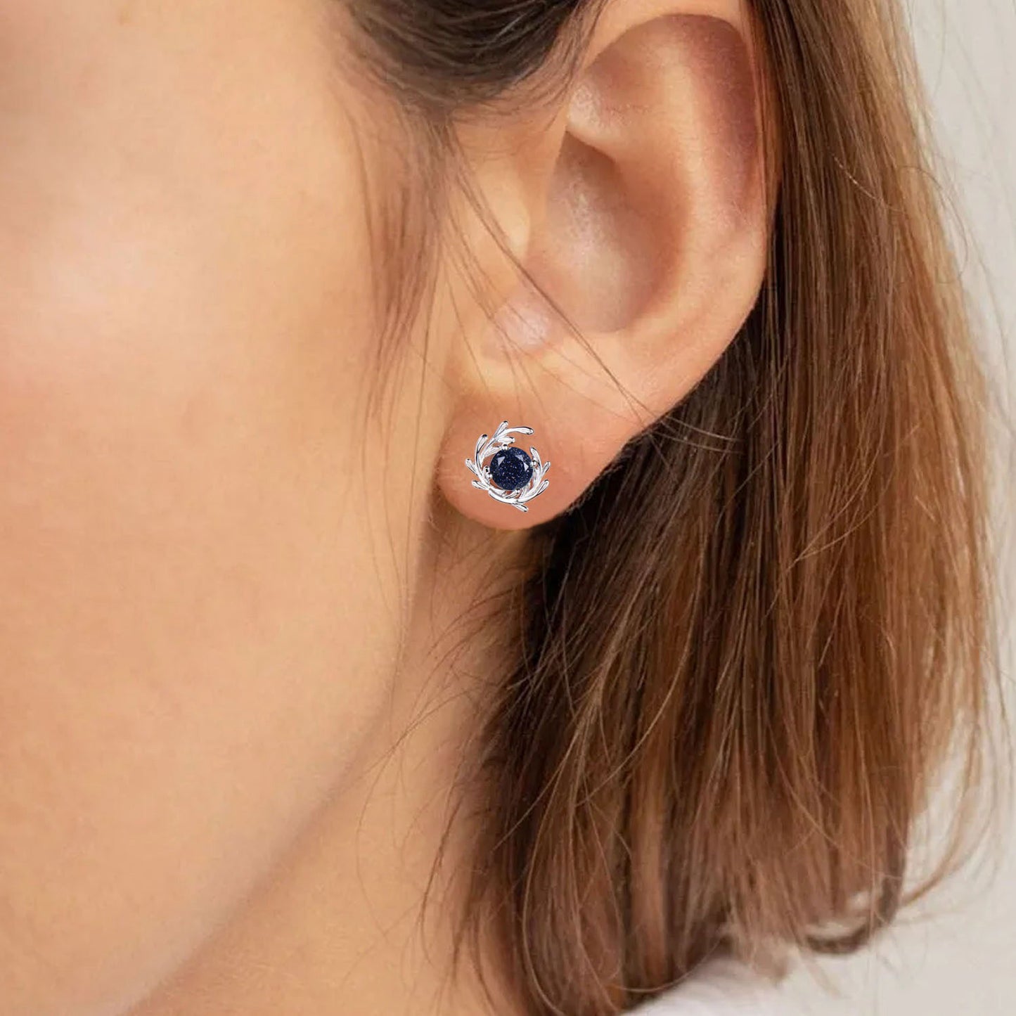 Nature Inspired Galaxy Blue Sandstone Stud Earrings Silver White Gold Olive Branch Earrings Boho Leaf Earrings Minimalist Jewelry Women Gift
