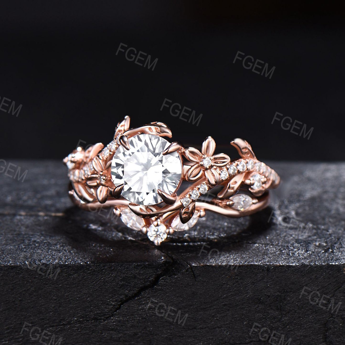 Garden Inspired Round Moissanite Engagement Ring Set 1ct Rose Gold Entangled Vines Bridal Set Floral Wedding Ring Promise Gifts For fiancee