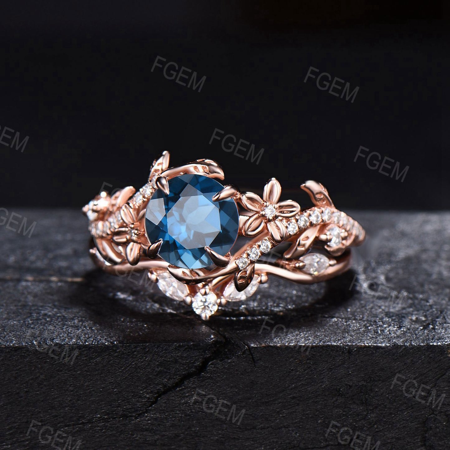 Floral Engagement Ring Round Natural London Blue Topaz Ring Set Leaf Vine Moissanite Cluster Bridal Set Flower Ring December Birthstone Gift