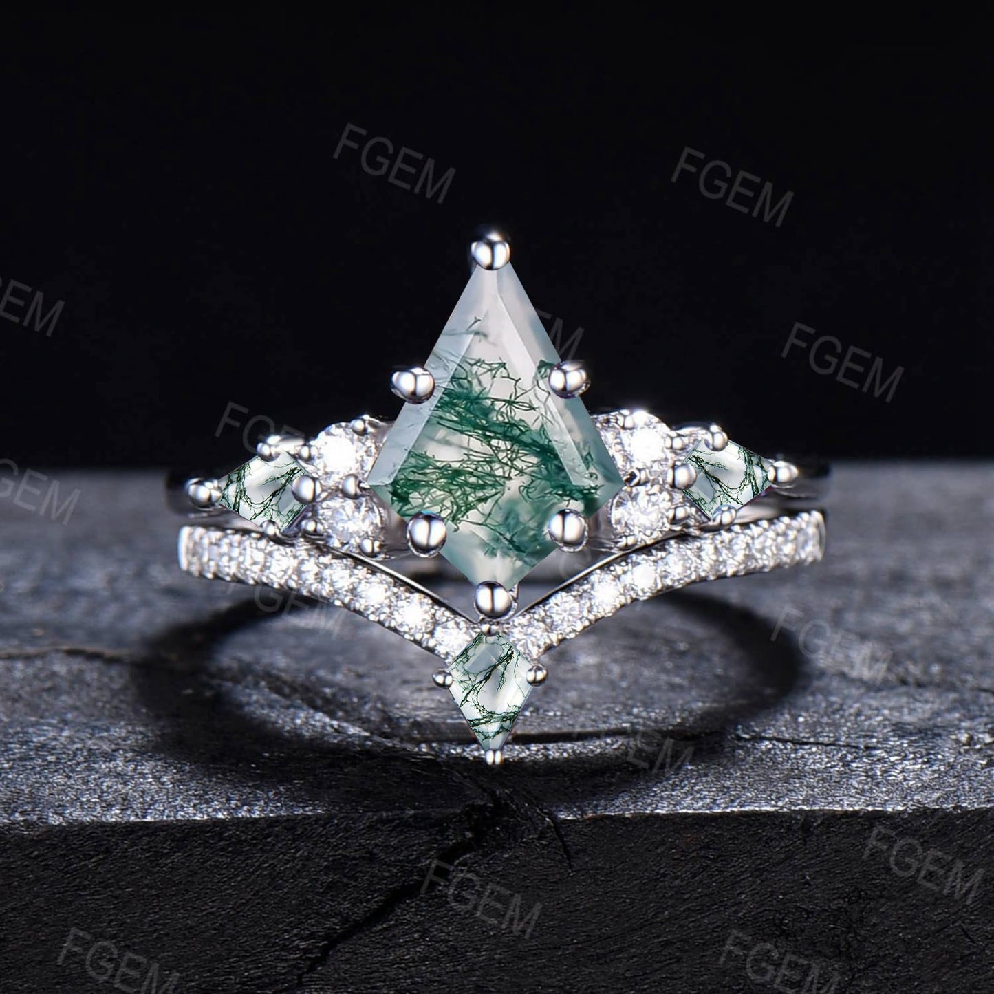 Unique Natural Moss Agate Wedding Ring Vintage 10K14K18K White Gold Kite Moss Agate Moissanite Bridal Set Unique Anniversary Promise Gifts