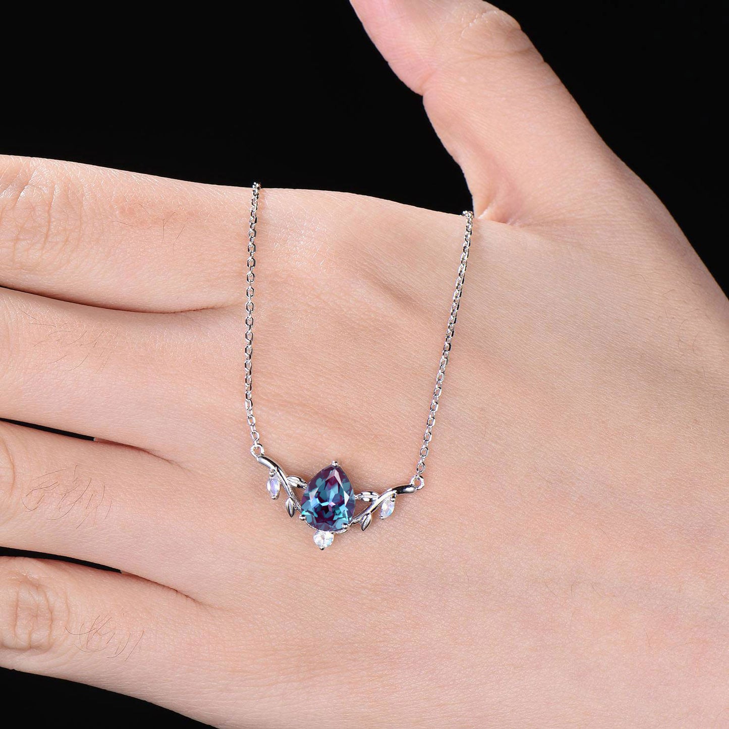 Nature Inspired Teardrop Alexandrite Necklace Rose Gold Branch Leaf Vine Bridal Necklace Unique Moonstone Pendant Anniversary Proposal Gift