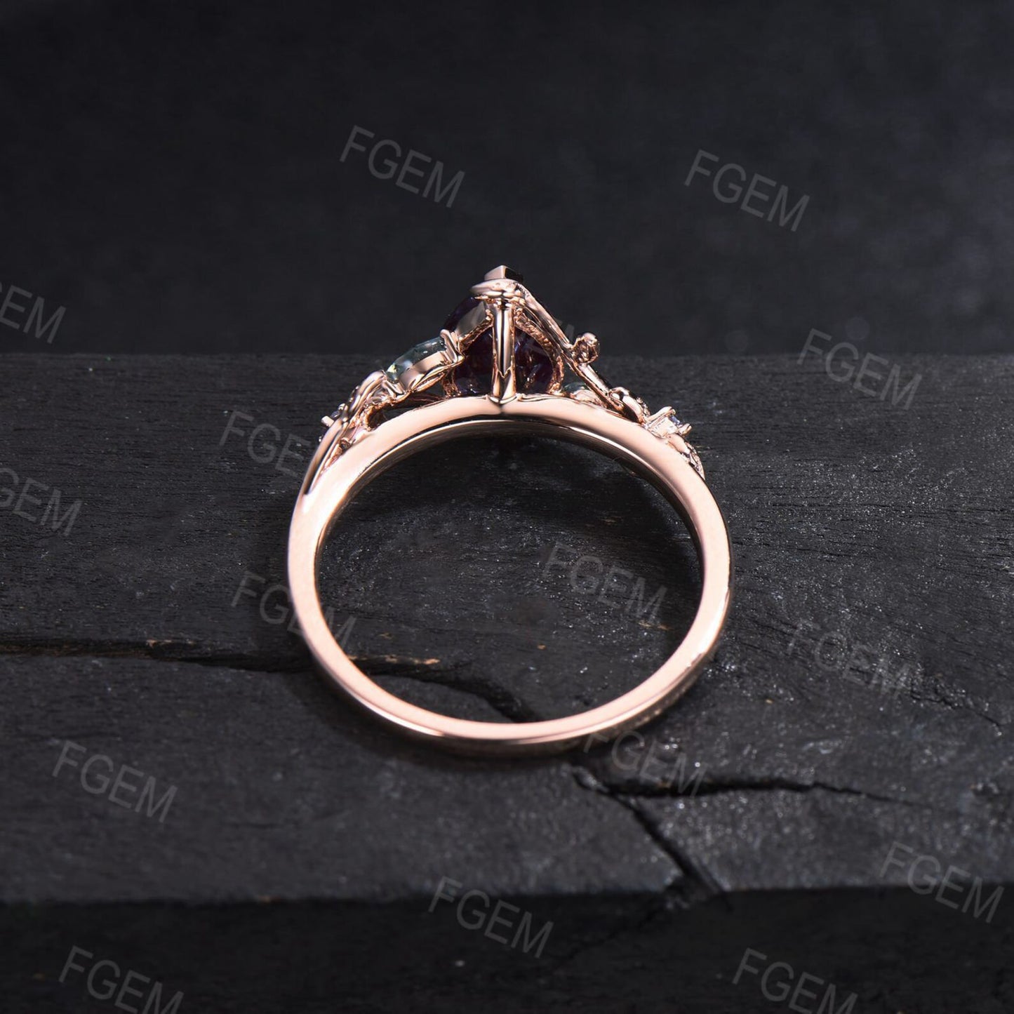1.25ct Pear Nature Inspired Branch Color-Change Alexandrite Wedding Ring 10K Rose Gold Cluster Moss Agate Ring Unique June Birthstone Gifts