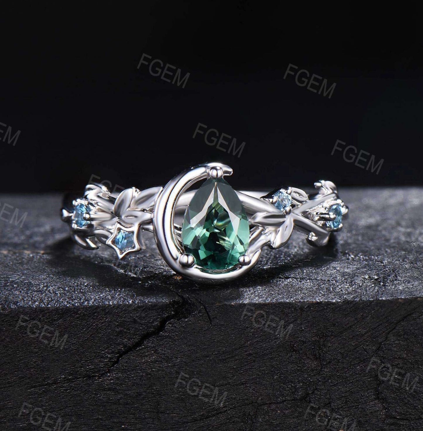 Nature Inspired Pear Green Sapphire Moon Wedding Ring Star London Blue Topaz Ring Branch Promise Ring Unique GraduationAnniversary Gifts
