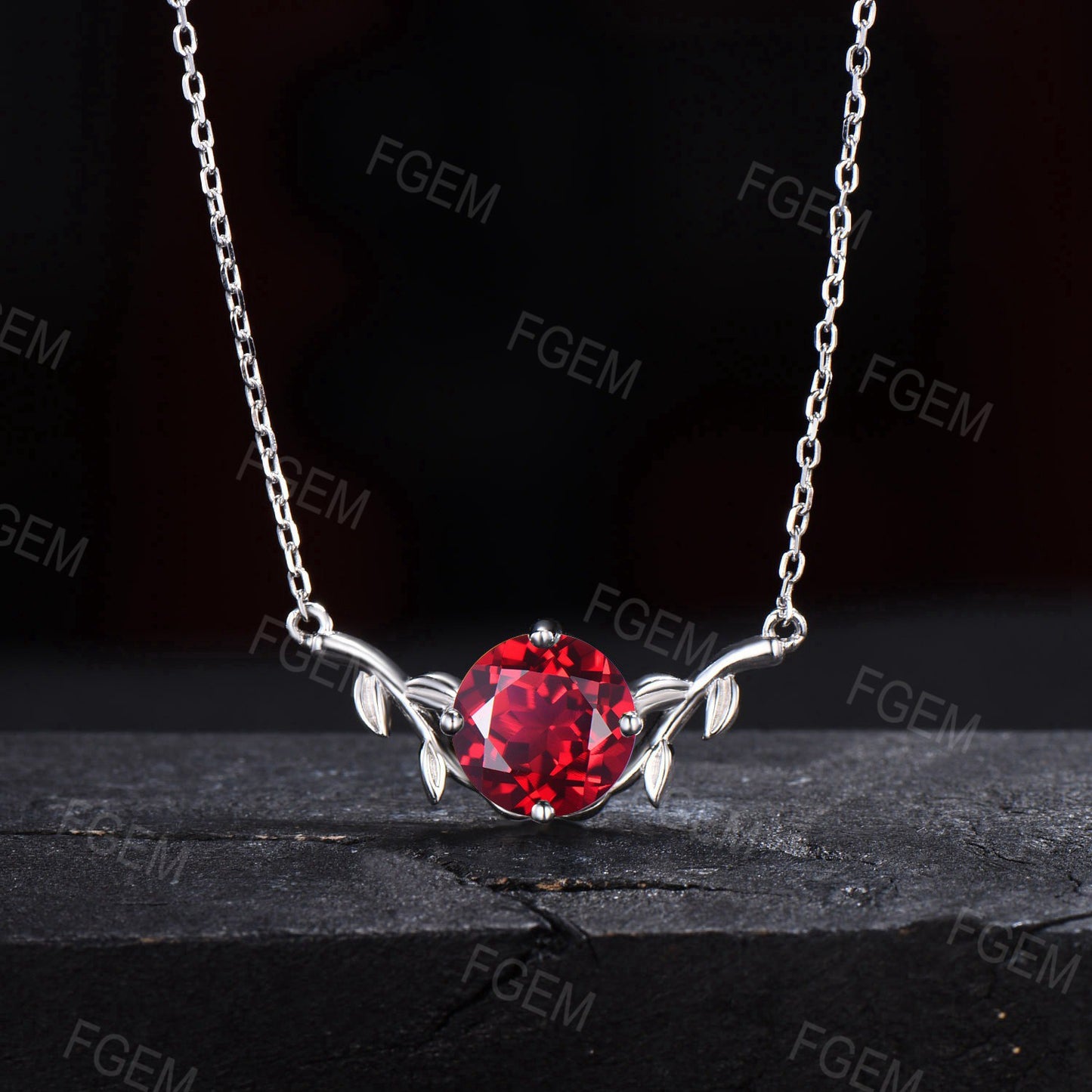 Nature Inspired Ruby Solitaire Necklace Leaf Band Ruby Pendant Twig leaf Vine July birthstone Jewelry 8mm Round Ruby Necklace Gifts For Her