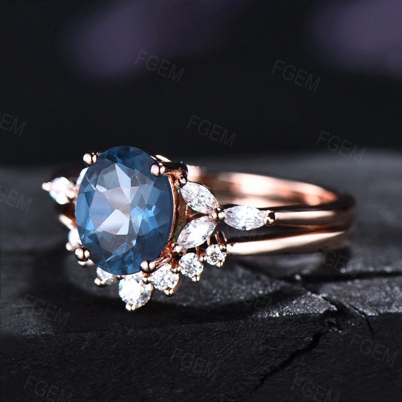Sterling Silver Natural London Blue Topaz Ring Gemstone Ring Set Topaz Engagement Ring Set December Birthstone Ring Bridal Set Wedding Gift