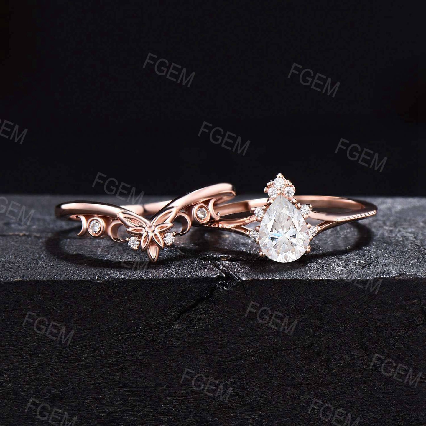 Nature Inspired Moissanite Ring Set Leaf Celtic Ring Pear Moissanite Split Bridal Set Moissanite Milgrain Ring Crescent Moon Ring For Women