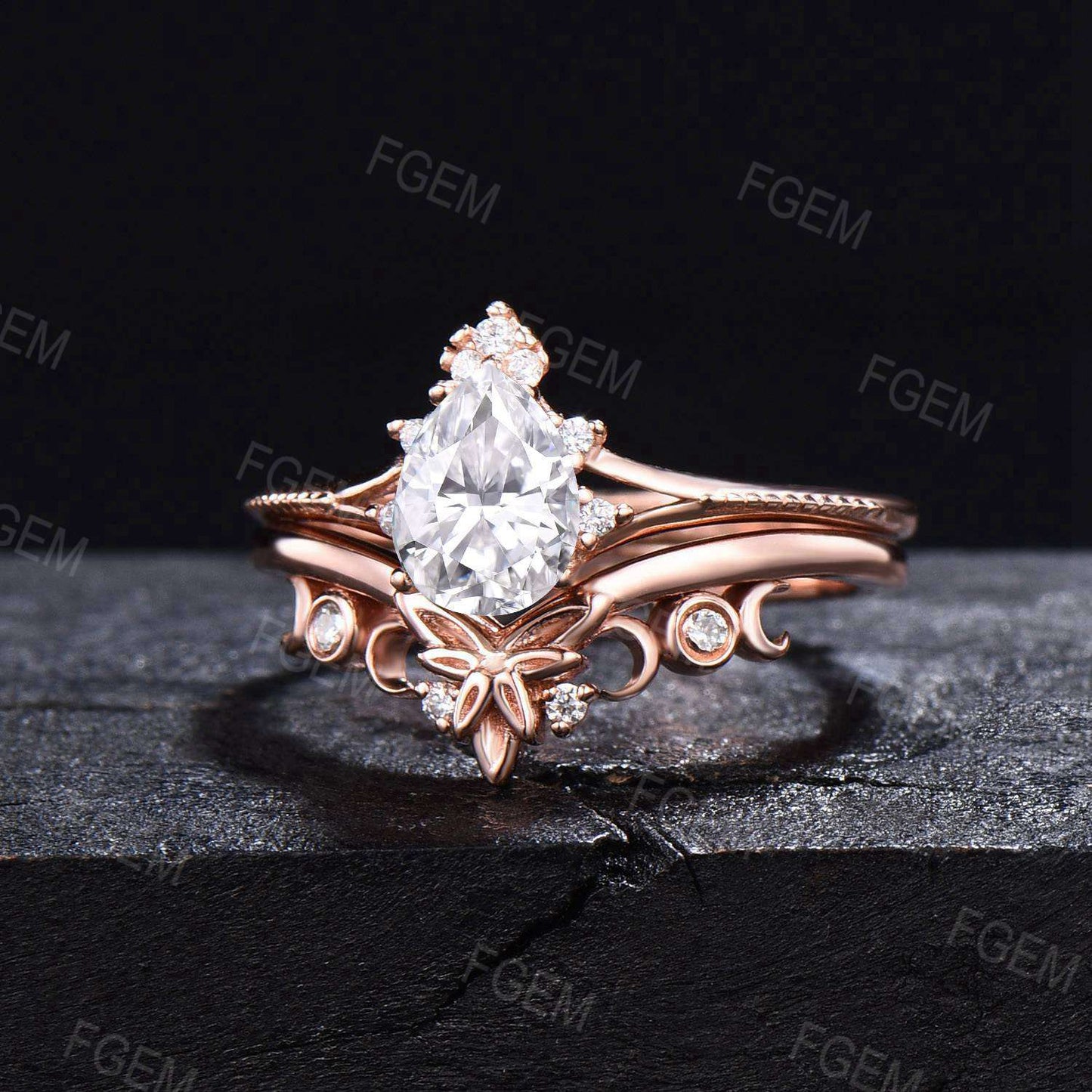 Nature Inspired Moissanite Ring Set Leaf Celtic Ring Pear Moissanite Split Bridal Set Moissanite Milgrain Ring Crescent Moon Ring For Women