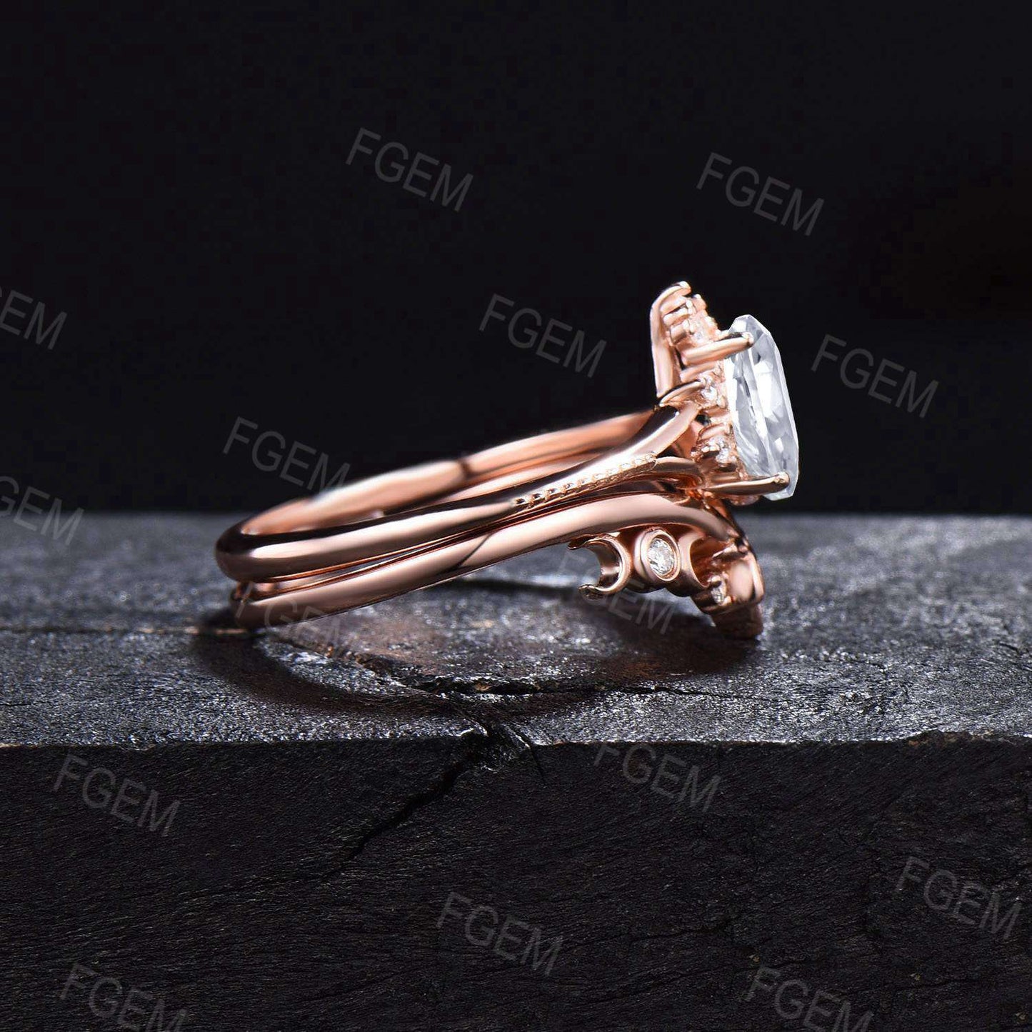 Nature Inspired Moissanite Ring Set Leaf Celtic Ring Pear Moissanite Split Bridal Set Moissanite Milgrain Ring Crescent Moon Ring For Women