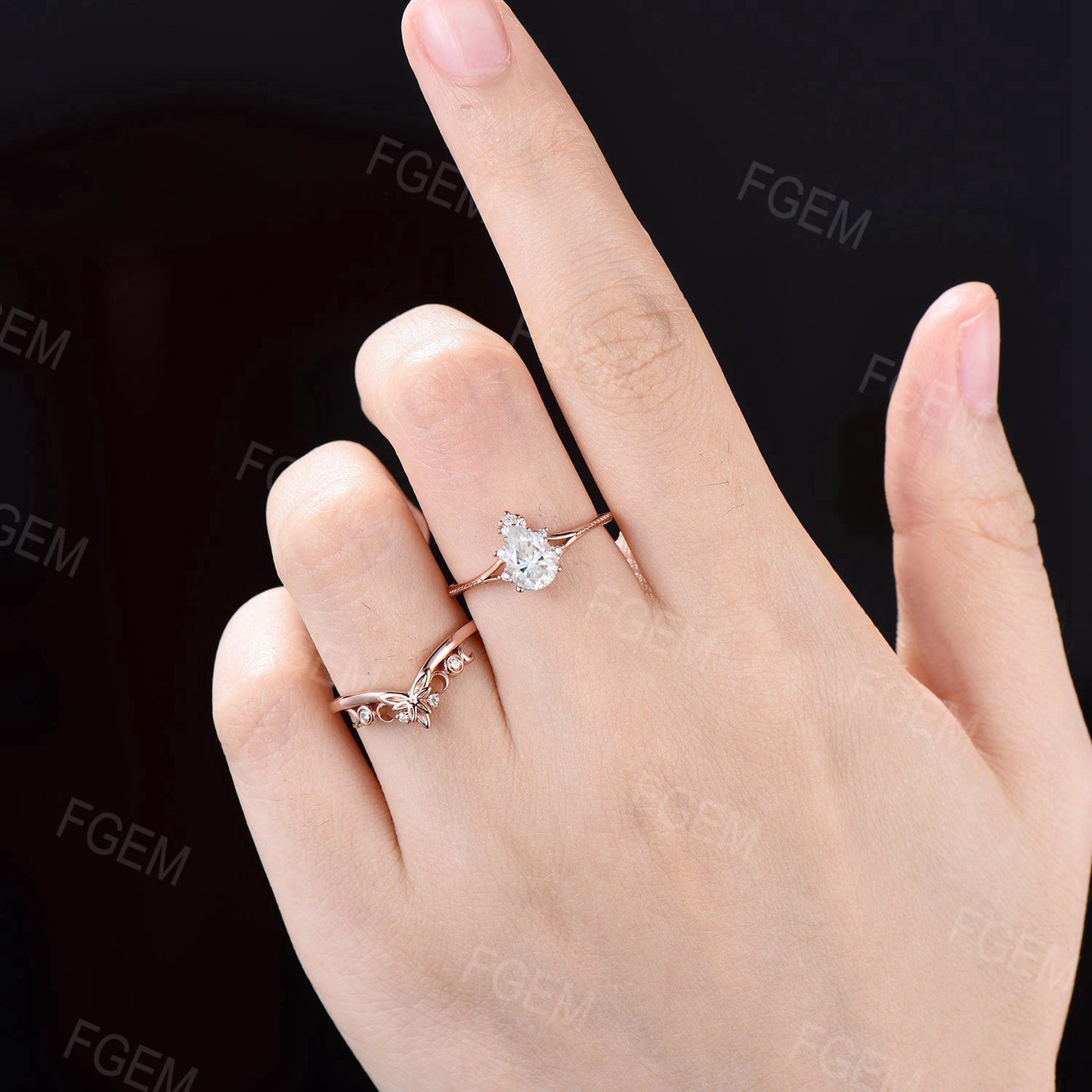 Nature Inspired Moissanite Ring Set Leaf Celtic Ring Pear Moissanite Split Bridal Set Moissanite Milgrain Ring Crescent Moon Ring For Women