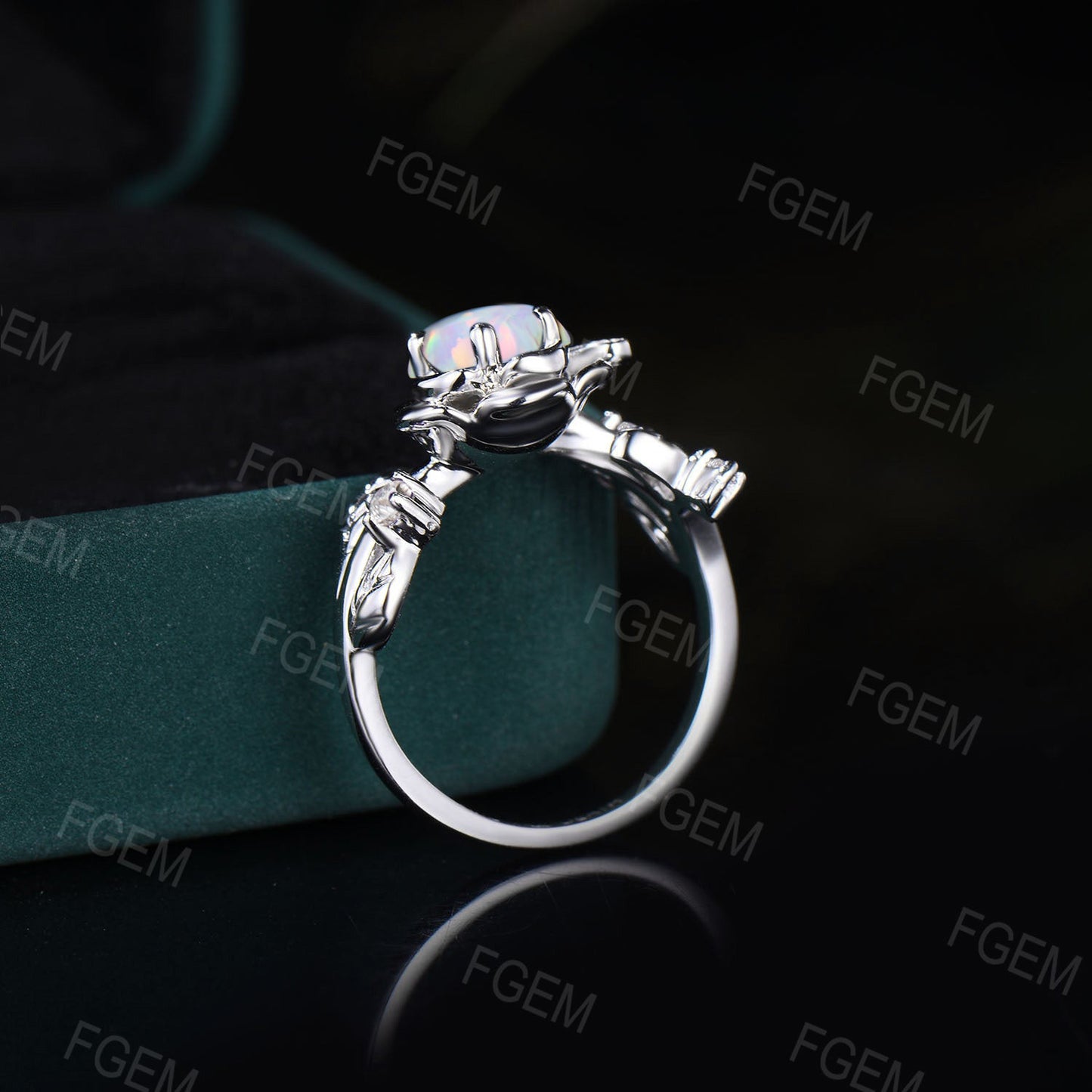 Honey Bee Rose Flower Engagement Ring 5mm Round Cut White Opal Engagement Ring Nature Inspired Leaf Floral Opal Ring October Birthstone Gift