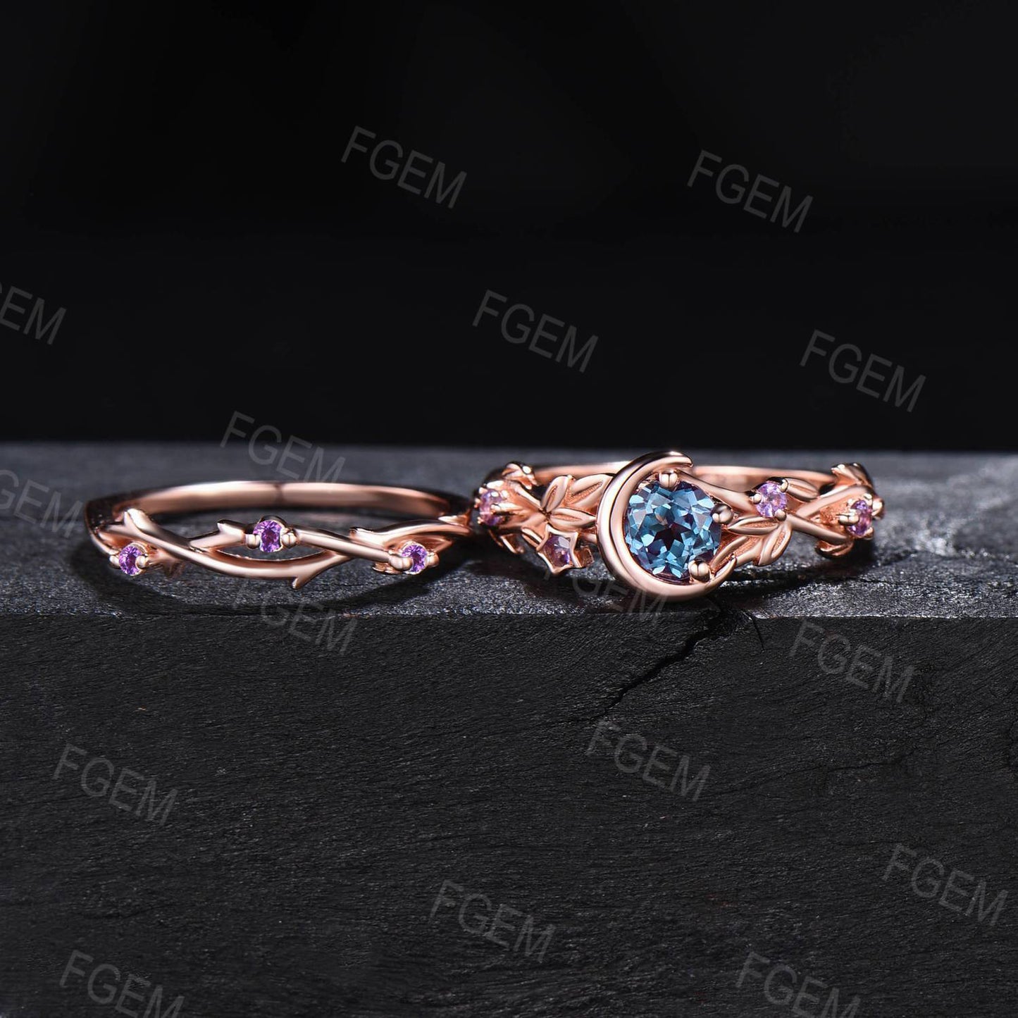 5mm Round Color-Change Alexandrite Ring Set Crescent Moon Alexandrite Bridal Set Nature Style Twig Leaf Amethyst Ring June Birthstone Gifts