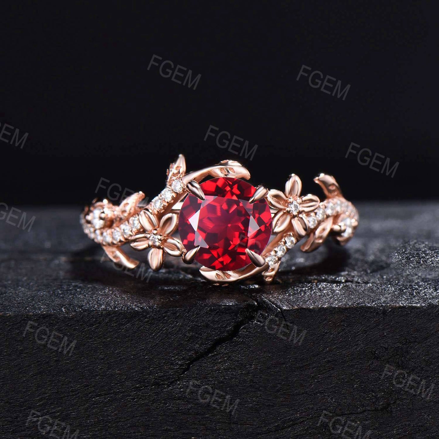 Vintage Flower Round Red Ruby Ring Set Nature Inspired Twig leaf Ruby Moissanite Ring July Birthstone Branch Vine Bridal Set Bypass Ring Set