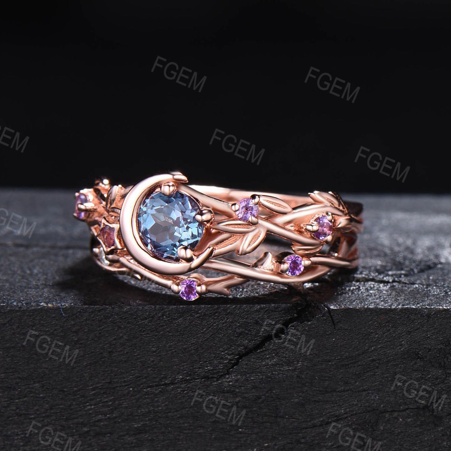 5mm Round Color-Change Alexandrite Ring Set Crescent Moon Alexandrite Bridal Set Nature Style Twig Leaf Amethyst Ring June Birthstone Gifts