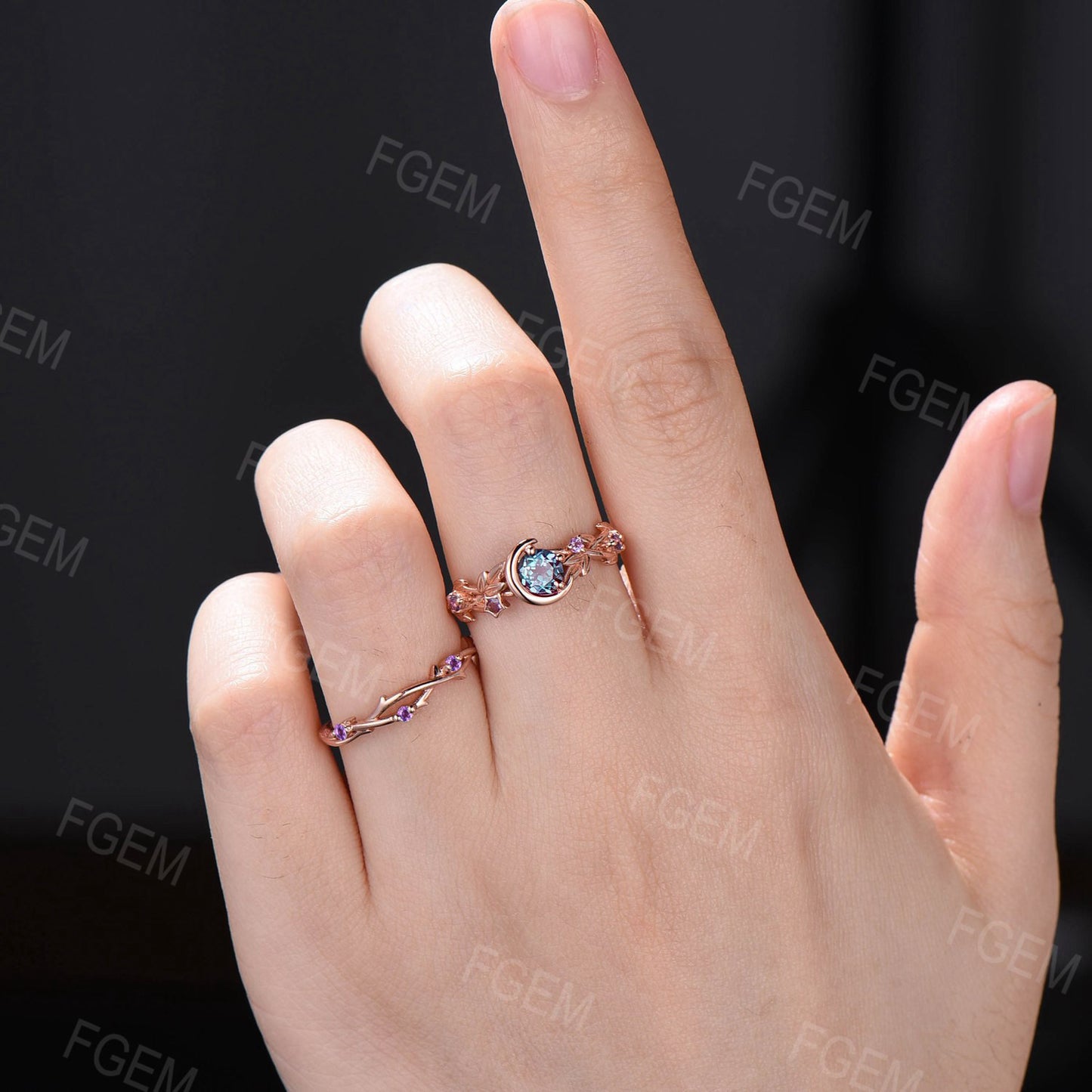 5mm Round Color-Change Alexandrite Ring Set Crescent Moon Alexandrite Bridal Set Nature Style Twig Leaf Amethyst Ring June Birthstone Gifts