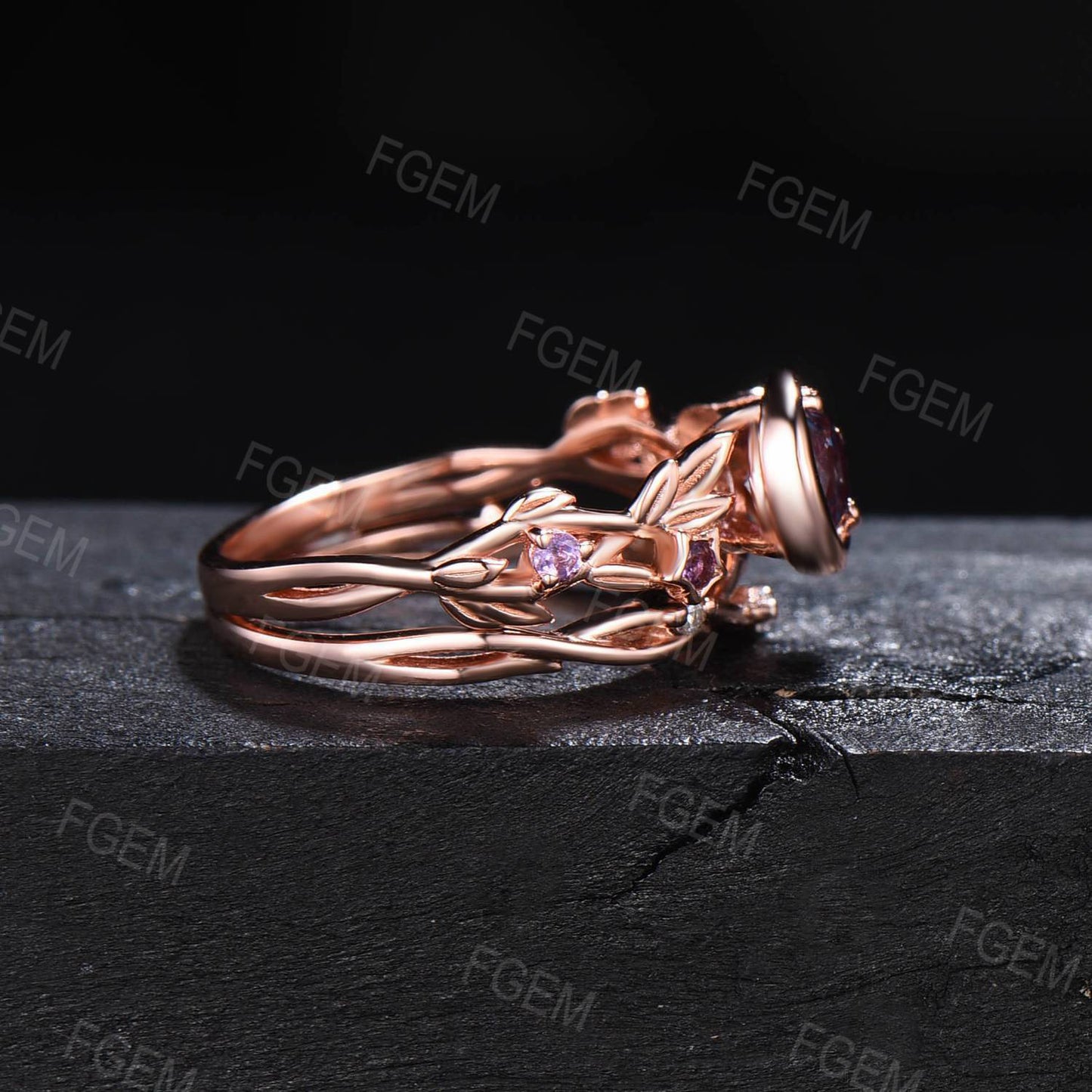 5mm Round Color-Change Alexandrite Ring Set Crescent Moon Alexandrite Bridal Set Nature Style Twig Leaf Amethyst Ring June Birthstone Gifts
