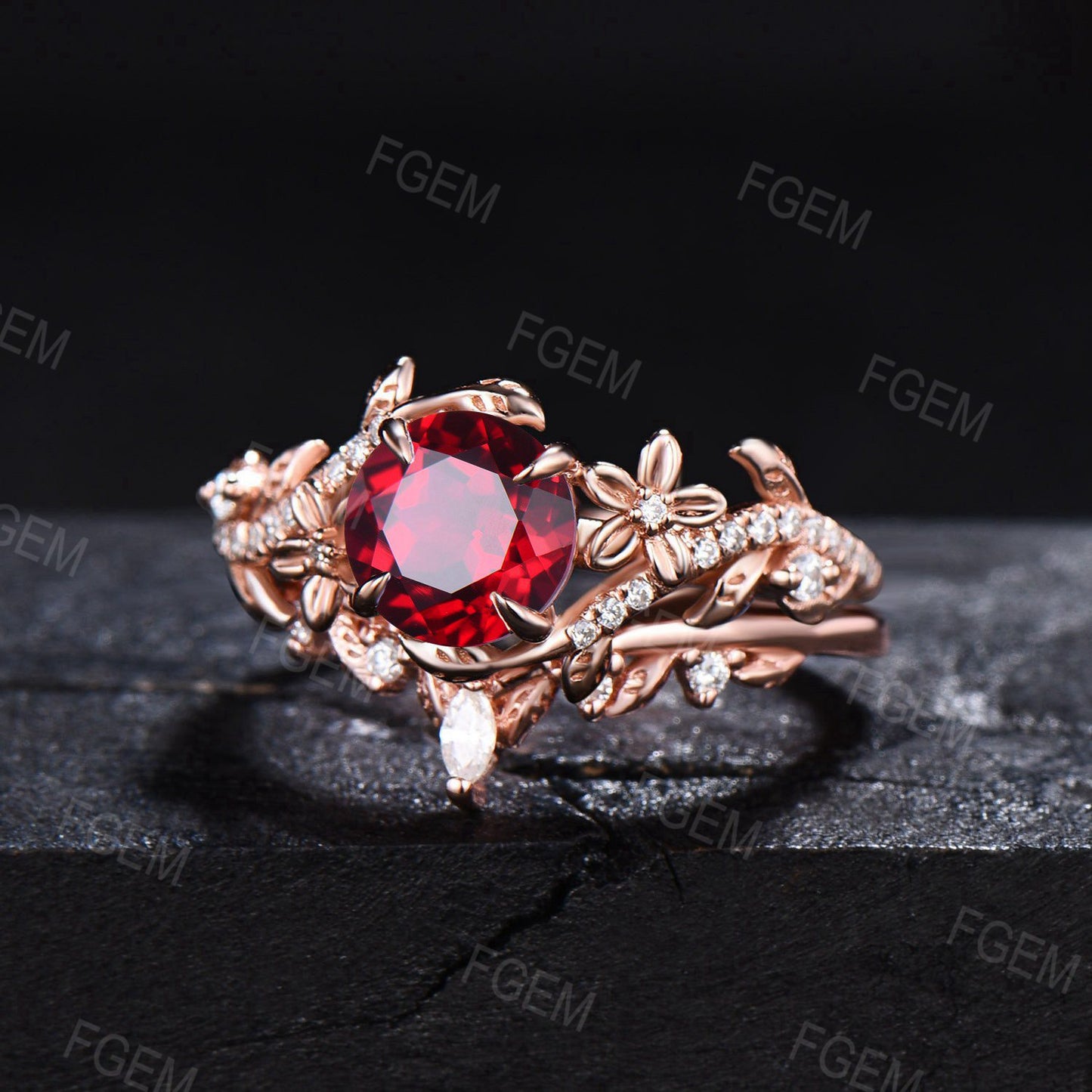 Vintage Flower Round Red Ruby Ring Set Nature Inspired Twig leaf Ruby Moissanite Ring July Birthstone Branch Vine Bridal Set Bypass Ring Set