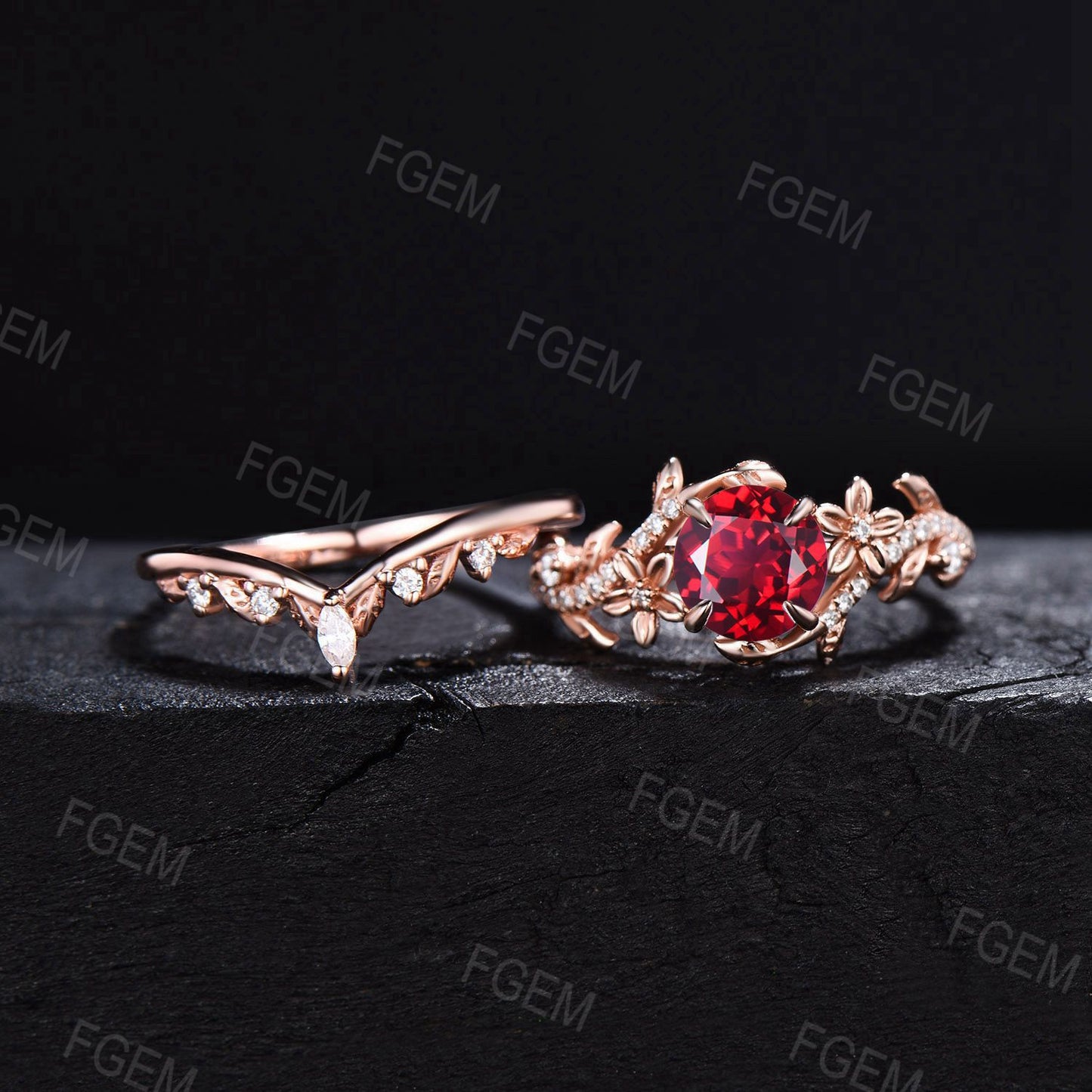 Vintage Flower Round Red Ruby Ring Set Nature Inspired Twig leaf Ruby Moissanite Ring July Birthstone Branch Vine Bridal Set Bypass Ring Set