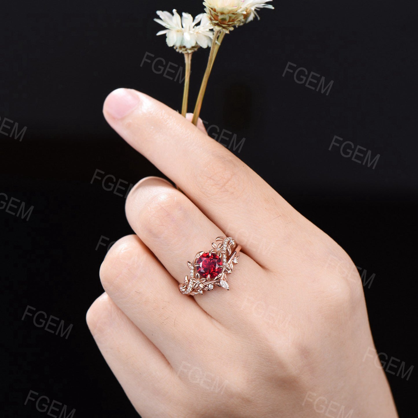 Vintage Flower Round Red Ruby Ring Set Nature Inspired Twig leaf Ruby Moissanite Ring July Birthstone Branch Vine Bridal Set Bypass Ring Set