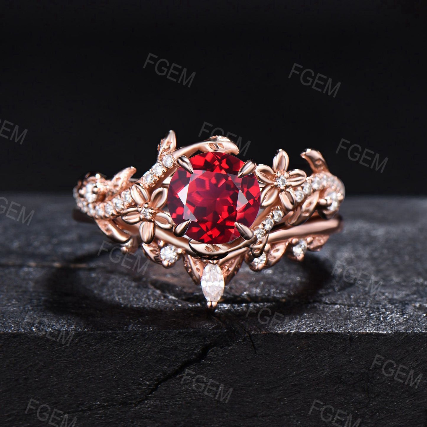 Vintage Flower Round Red Ruby Ring Set Nature Inspired Twig leaf Ruby Moissanite Ring July Birthstone Branch Vine Bridal Set Bypass Ring Set