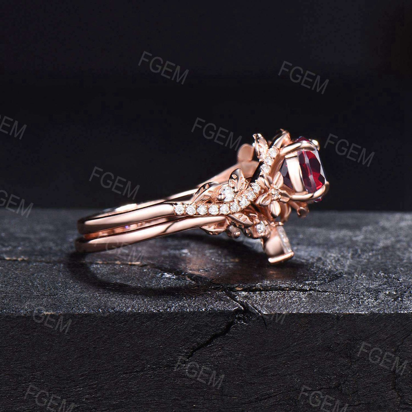 Vintage Flower Round Red Ruby Ring Set Nature Inspired Twig leaf Ruby Moissanite Ring July Birthstone Branch Vine Bridal Set Bypass Ring Set