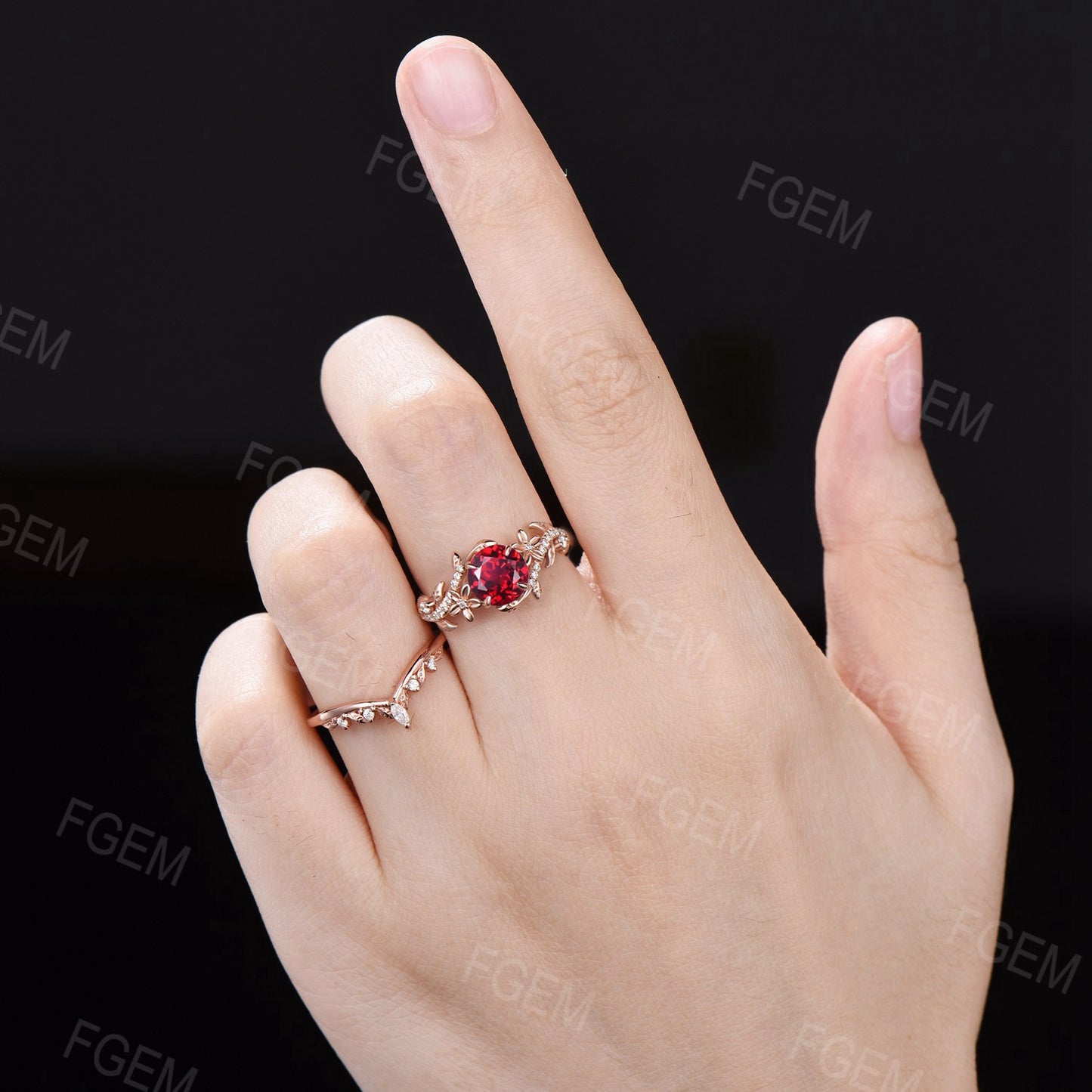 Vintage Flower Round Red Ruby Ring Set Nature Inspired Twig leaf Ruby Moissanite Ring July Birthstone Branch Vine Bridal Set Bypass Ring Set