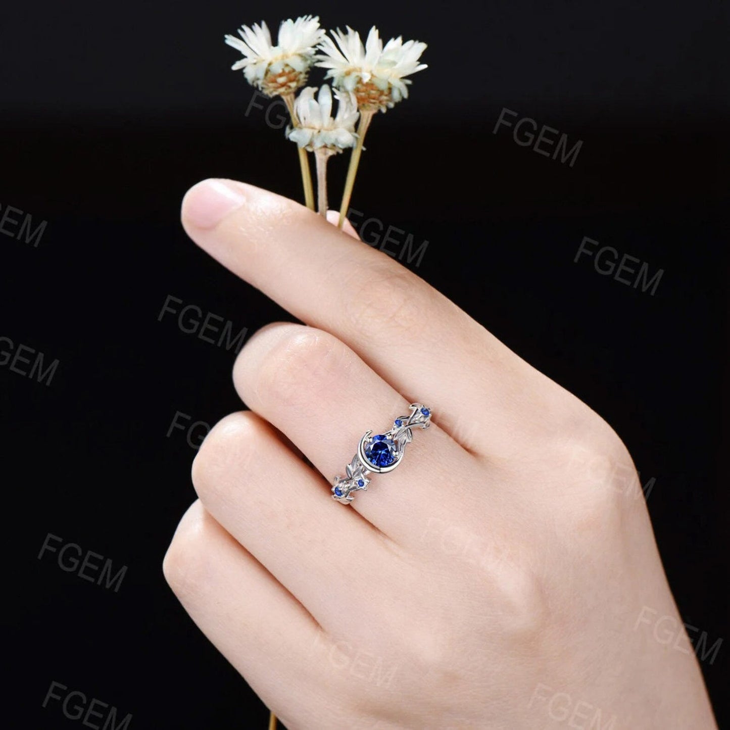 Nature Inspired Blue Sapphire Engagement Ring Moon Star Design Round Natural Blue Sapphire Ring Silver Branch Twig September Birthstone Wedding Ring