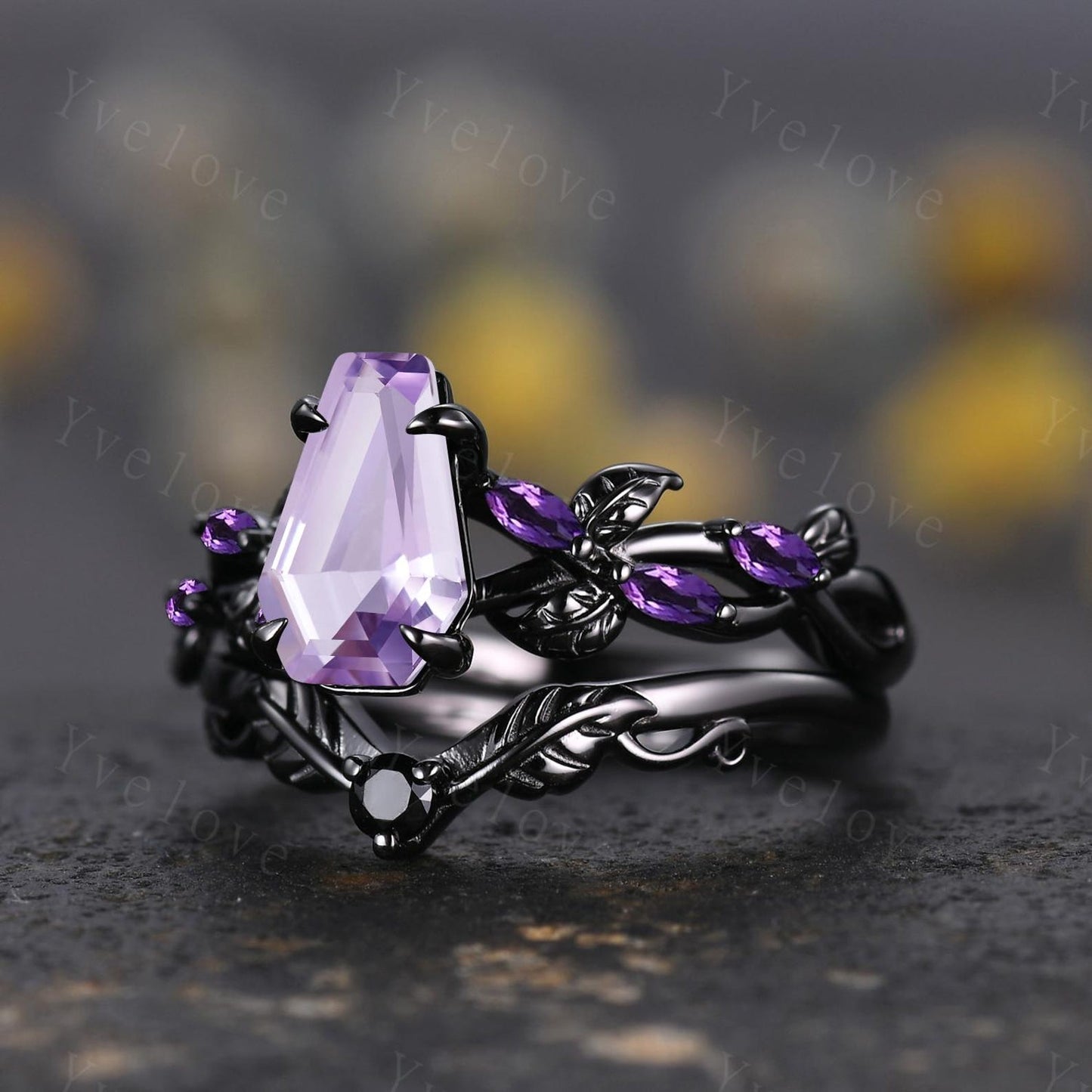 Coffin Shape Lavender Amethyst Ring,Vintage Twig Vine Leaf Ring,Antique Amethyst Bridal Promise Ring Set Anniversary Gift Black Gold band