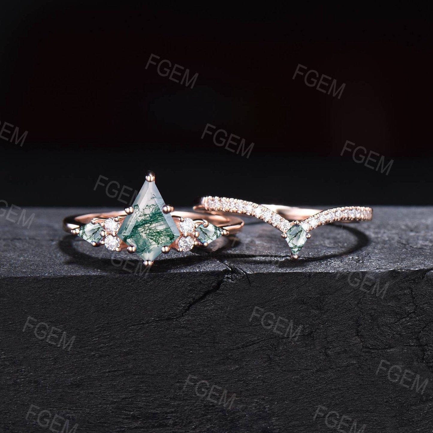 Unique Natural Moss Agate Wedding Ring Vintage 10K14K18K White Gold Kite Moss Agate Moissanite Bridal Set Unique Anniversary Promise Gifts