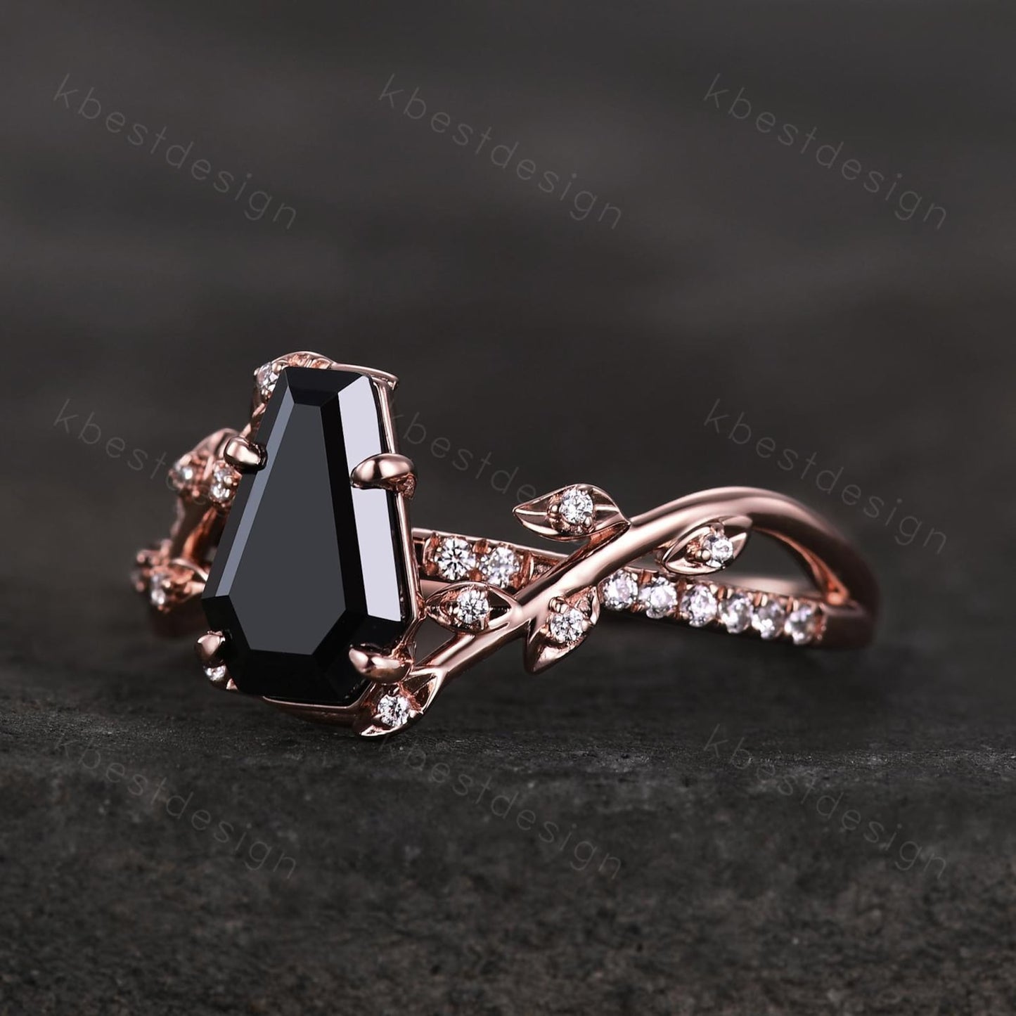 Coffin cut black onyx engagement ring Rose gold ring Art deco twig leaf moissanite wedding ring nature inspired ring bridal promise ring