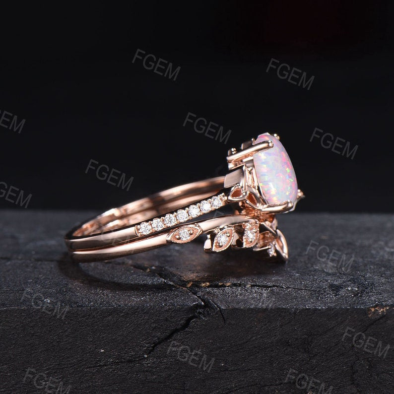 Pear White Opal Celtic Engagement Ring Set Half Eternity Moissanite Band Moissanite Diamond Trinity Knot Wedding Ring Leaf Opal Bridal Set