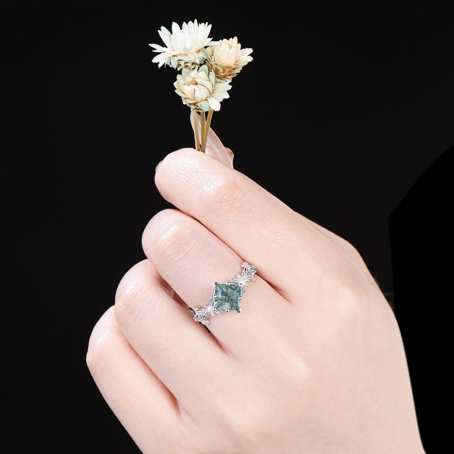 White Gold Butterfly Ring Unique Princess Cut Natural Moss Agate Engagement Ring Hollow Butterfly Aquatic Agate Ring Proposal Gifts For Her