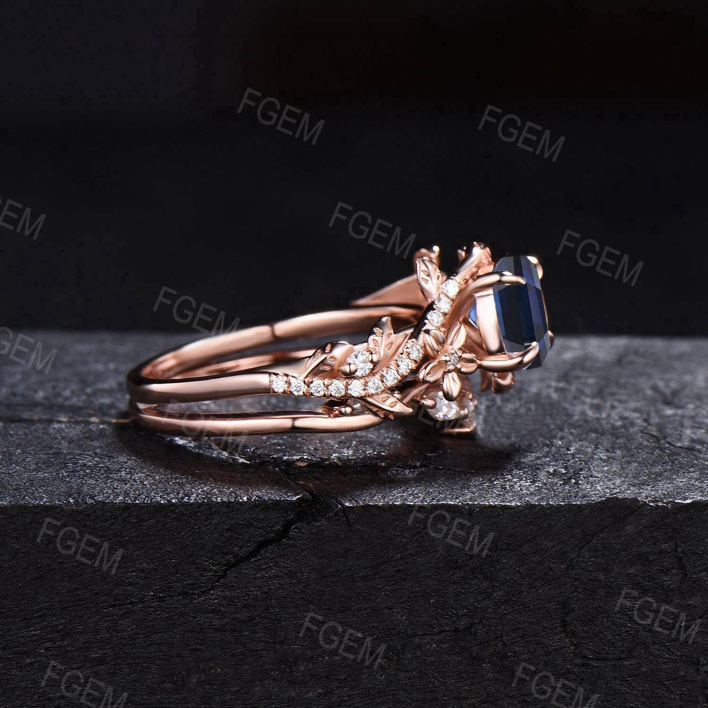 Floral Blue Sapphire Engagement Ring Set Rose Gold Branch Leaf Moissanite Cluster Bridal Set September Birthstone Wedding Ring Promise Gifts