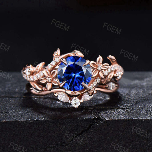 Floral Blue Sapphire Engagement Ring Set Rose Gold Branch Leaf Moissanite Cluster Bridal Set September Birthstone Wedding Ring Promise Gifts