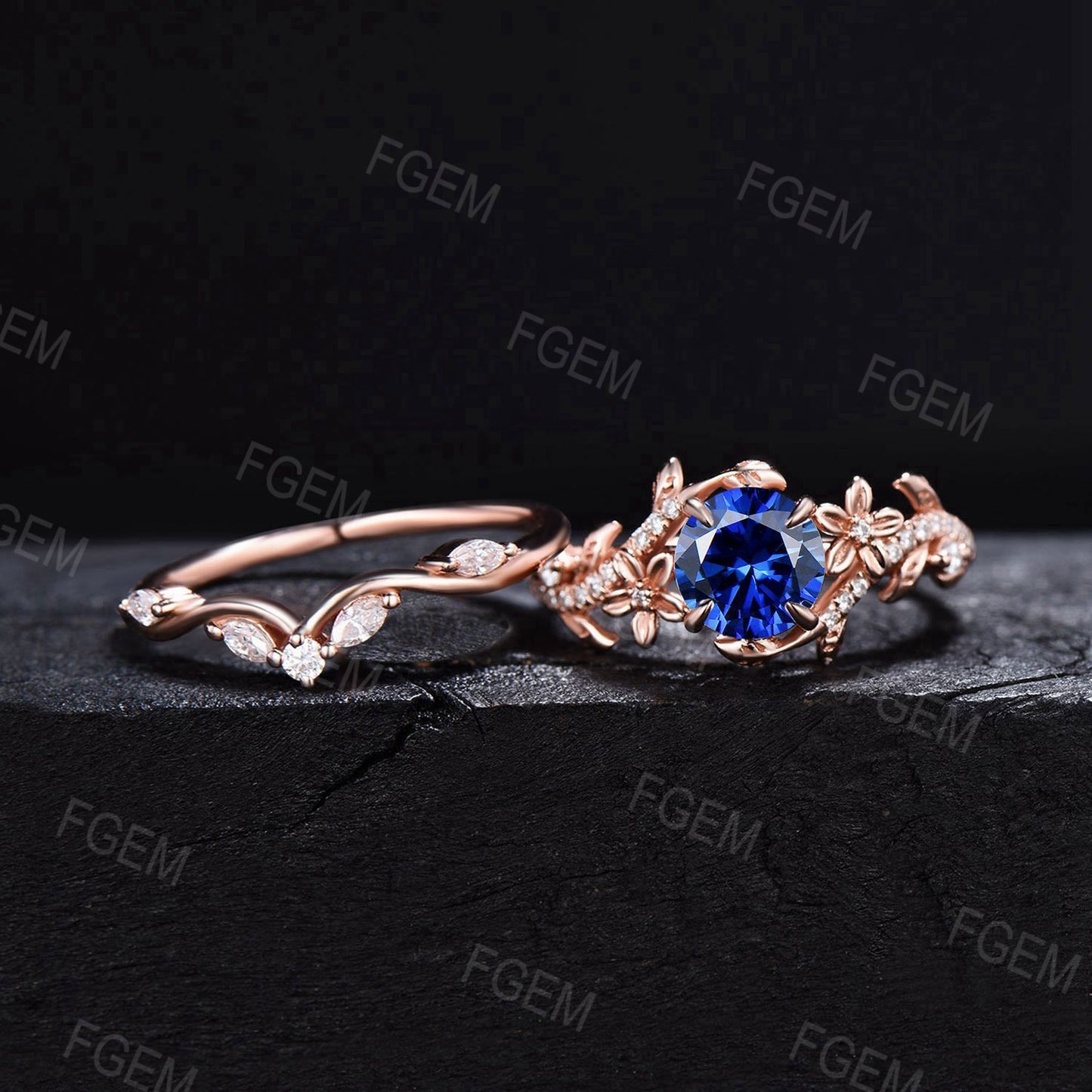 Floral Blue Sapphire Engagement Ring Set Rose Gold Branch Leaf Moissanite Cluster Bridal Set September Birthstone Wedding Ring Promise Gifts
