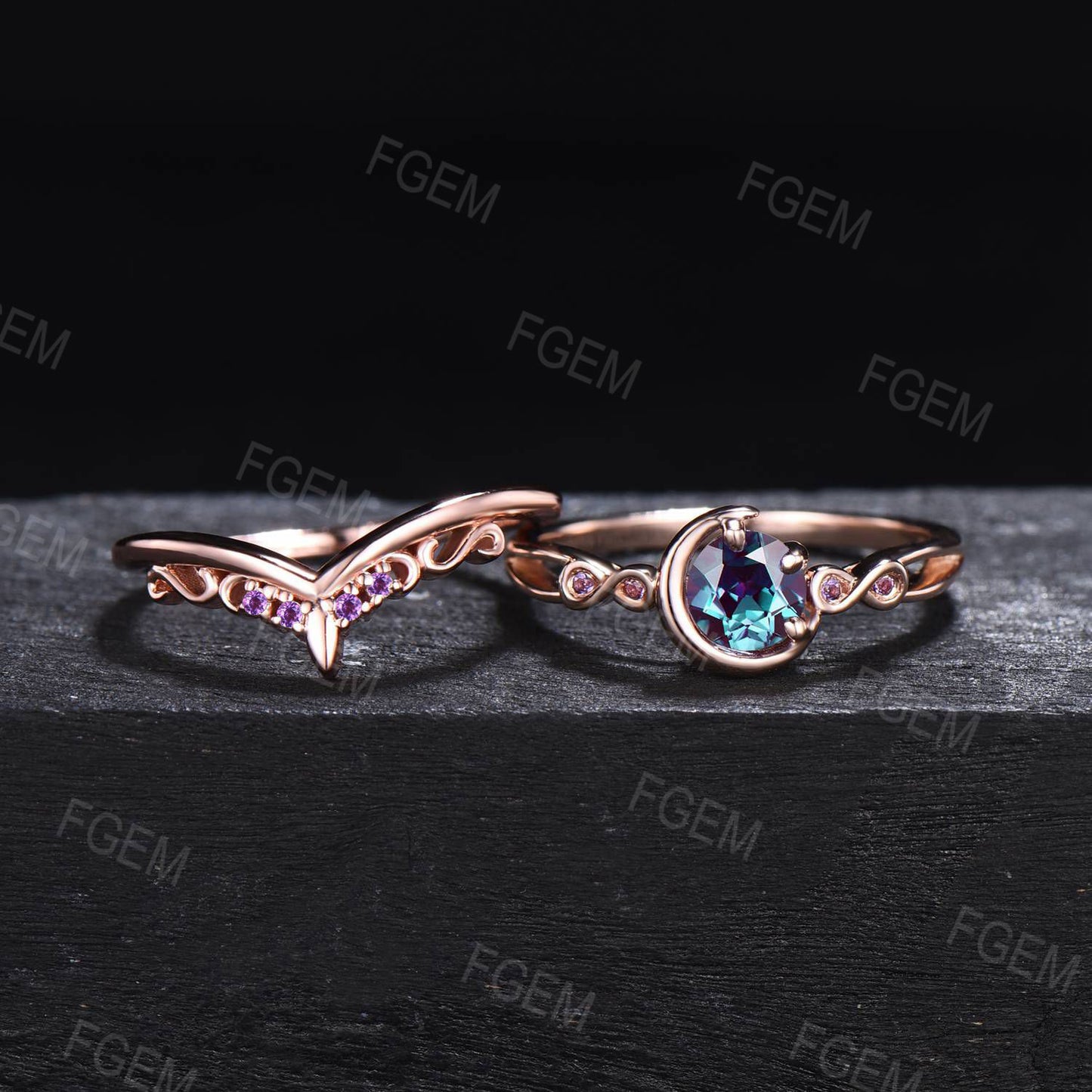 5mm Round Color-Change Alexandrite Amethyst Moon Bridal Ring Set Infinite Love Ring June Birthstone Split Shank Wedding Rings for Fianc¨¦e