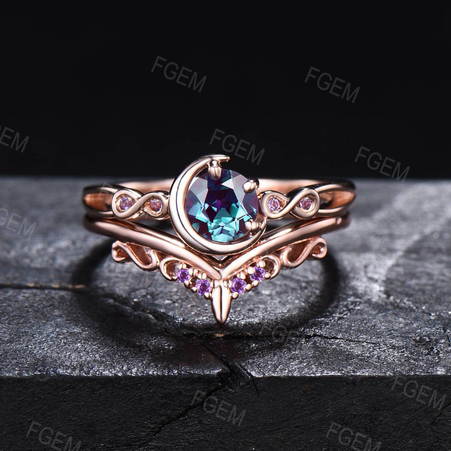 5mm Round Color-Change Alexandrite Amethyst Moon Bridal Ring Set Infinite Love Ring June Birthstone Split Shank Wedding Rings for Fianc¨¦e