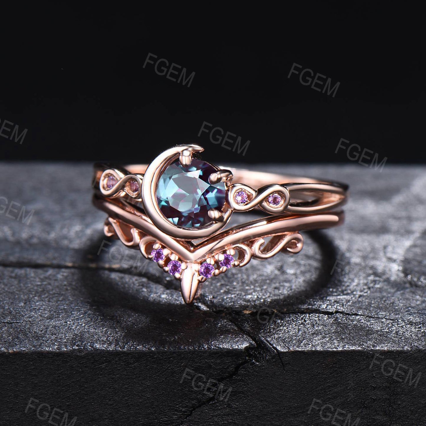 5mm Round Color-Change Alexandrite Amethyst Moon Bridal Ring Set Infinite Love Ring June Birthstone Split Shank Wedding Rings for Fianc¨¦e