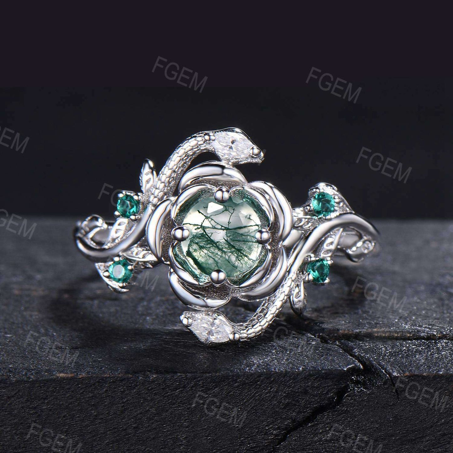 Double Snake Ring Rose Gold Natural Green Moss Agate Wedding Ring Floral Engagement Ring Twig Leaf Aquatic Agate Emerald Ring Proposal Gifts