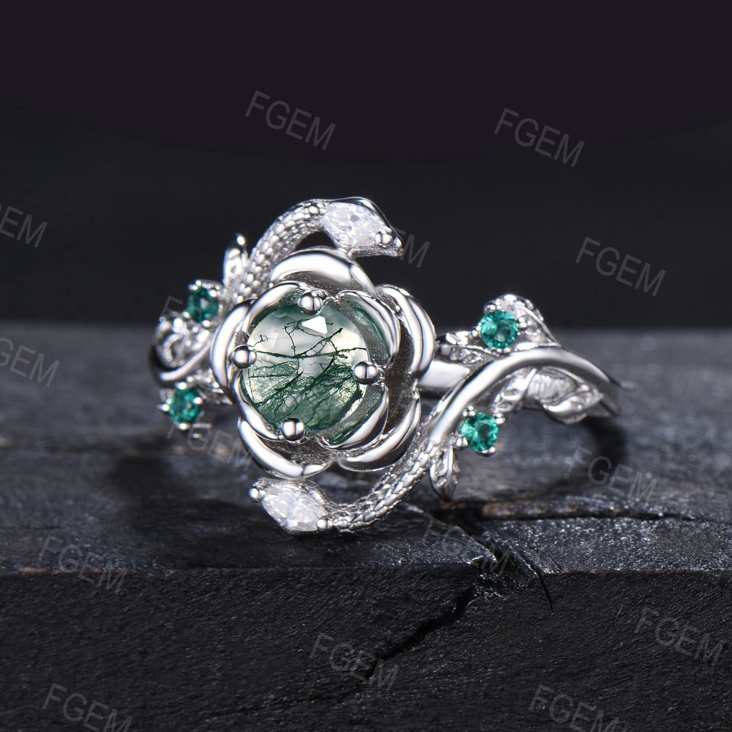 Double Snake Ring Rose Gold Natural Green Moss Agate Wedding Ring Floral Engagement Ring Twig Leaf Aquatic Agate Emerald Ring Proposal Gifts