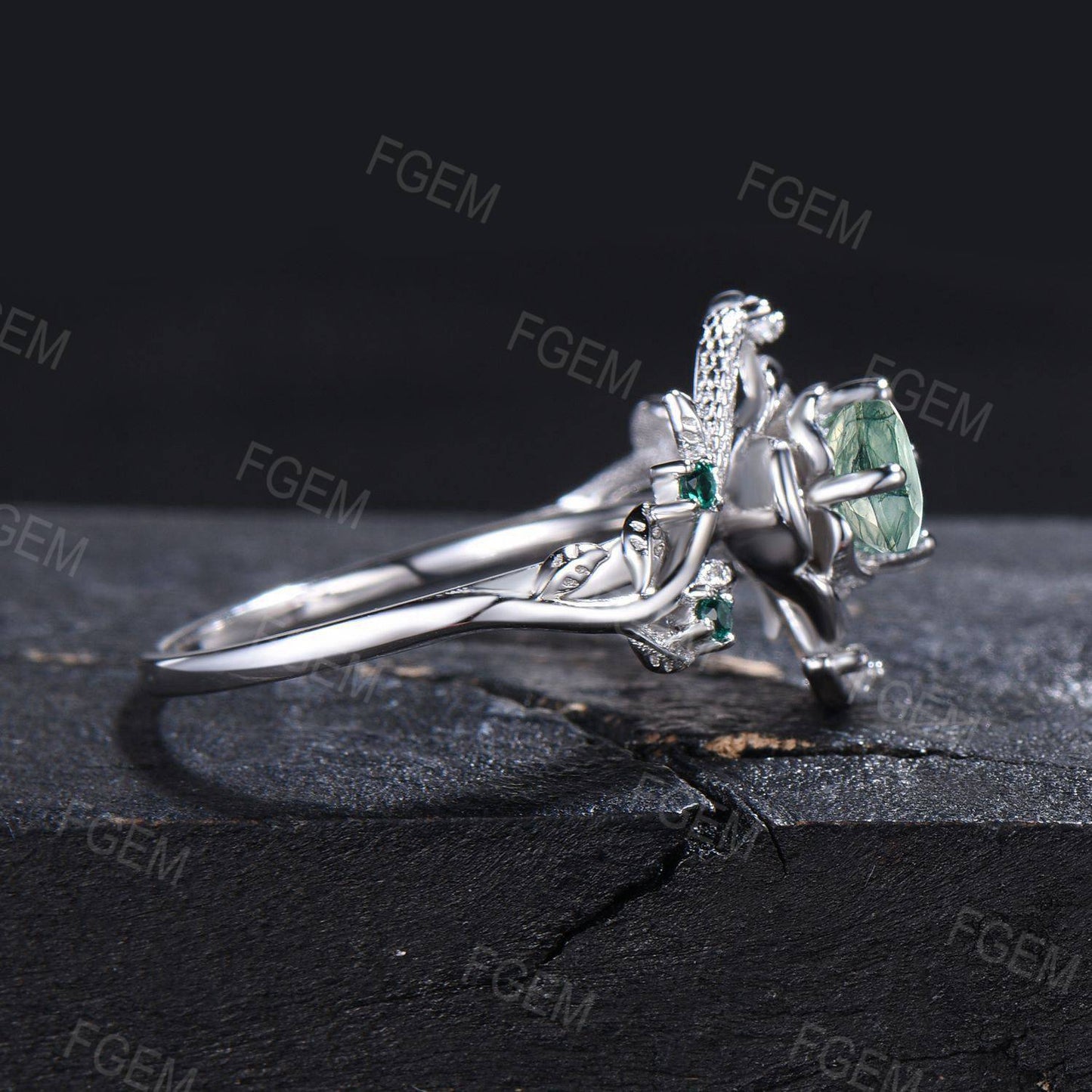 Double Snake Ring Rose Gold Natural Green Moss Agate Wedding Ring Floral Engagement Ring Twig Leaf Aquatic Agate Emerald Ring Proposal Gifts
