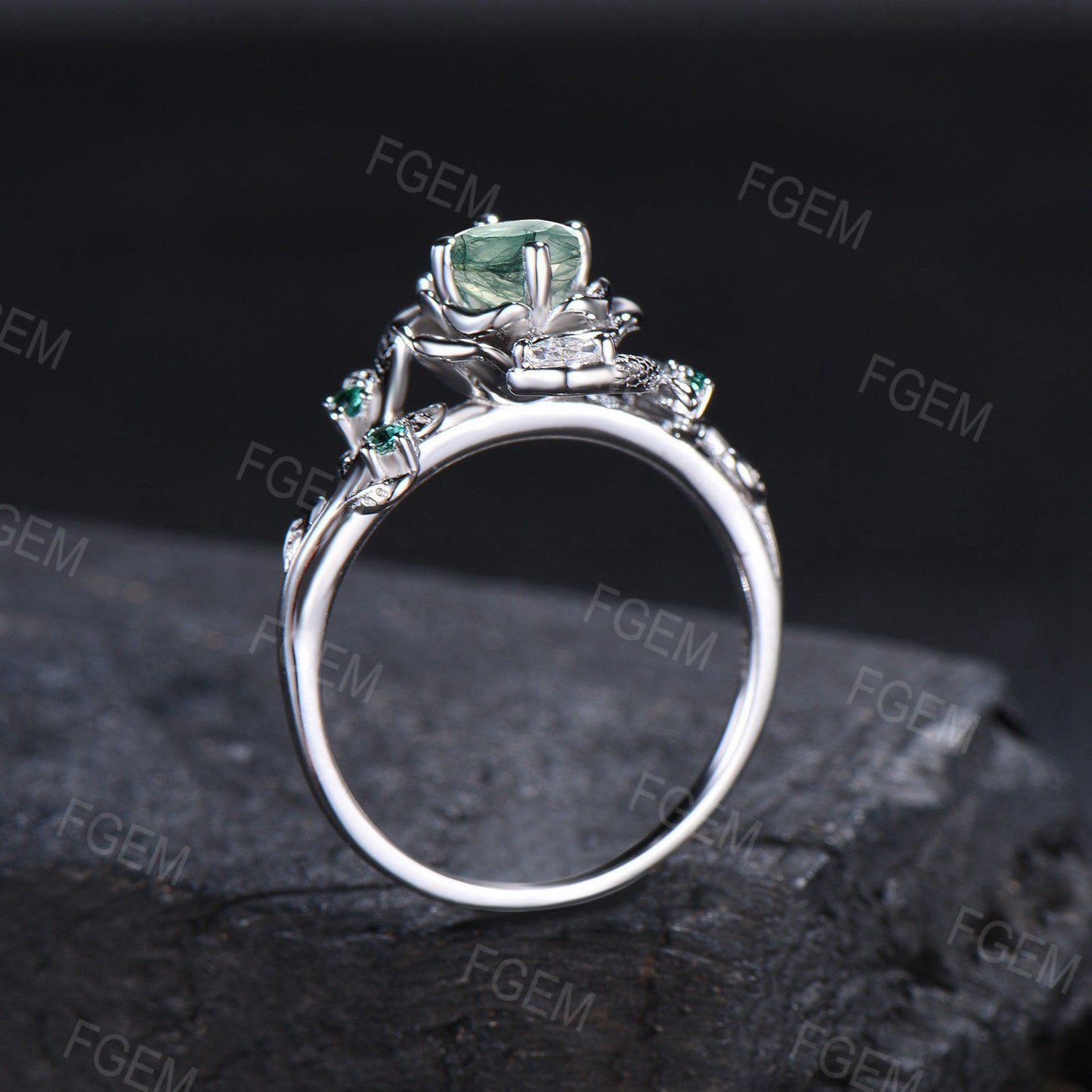 Double Snake Ring Rose Gold Natural Green Moss Agate Wedding Ring Floral Engagement Ring Twig Leaf Aquatic Agate Emerald Ring Proposal Gifts