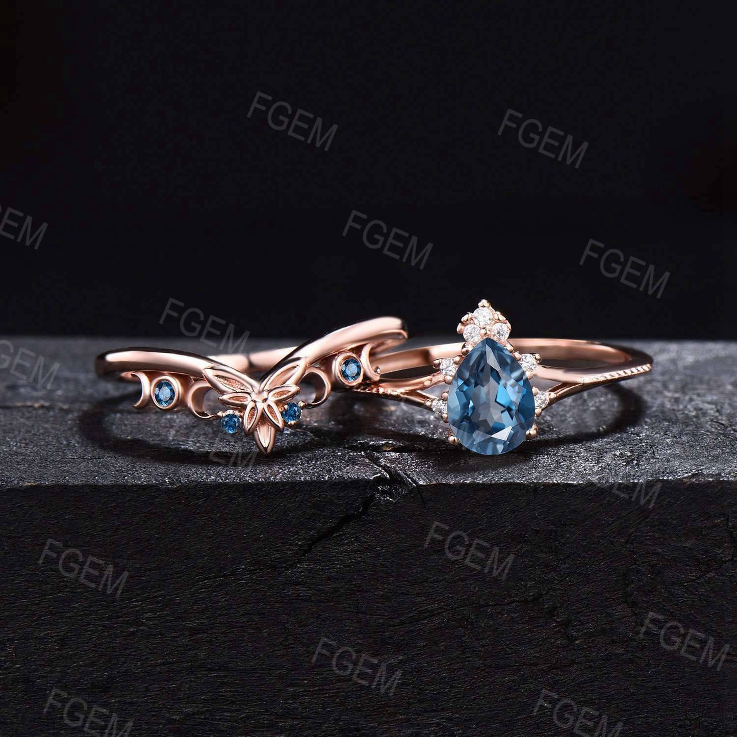 Pear Natural London Blue Topaz Ring Set Nature Inspired Topaz Split Bridal Set Unique Leaf Band December Birthstone Ring Celestial Ring Gift
