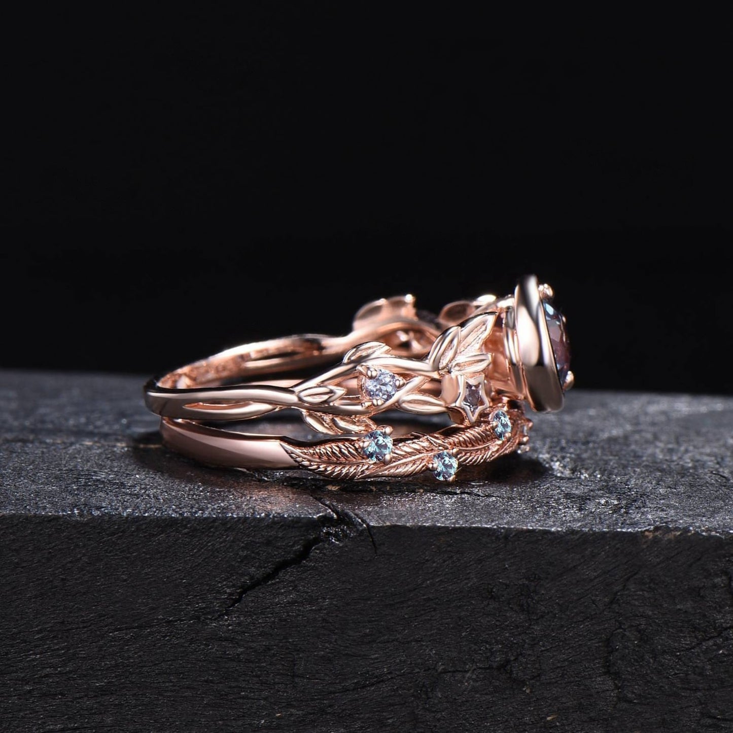 Nature Inspired Color-Change Alexandrite Engagement Ring Moon Star Design Round Alexandrite Ring Branch Leaf June Birthstone Wedding Rings