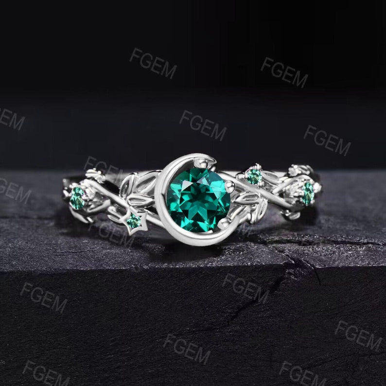 Nature Inspired Green Emerald Engagement Ring 10K Yellow Gold Moon Star Design Round Emerald Promise Ring Branch Leaf Cluster Wedding Ring
