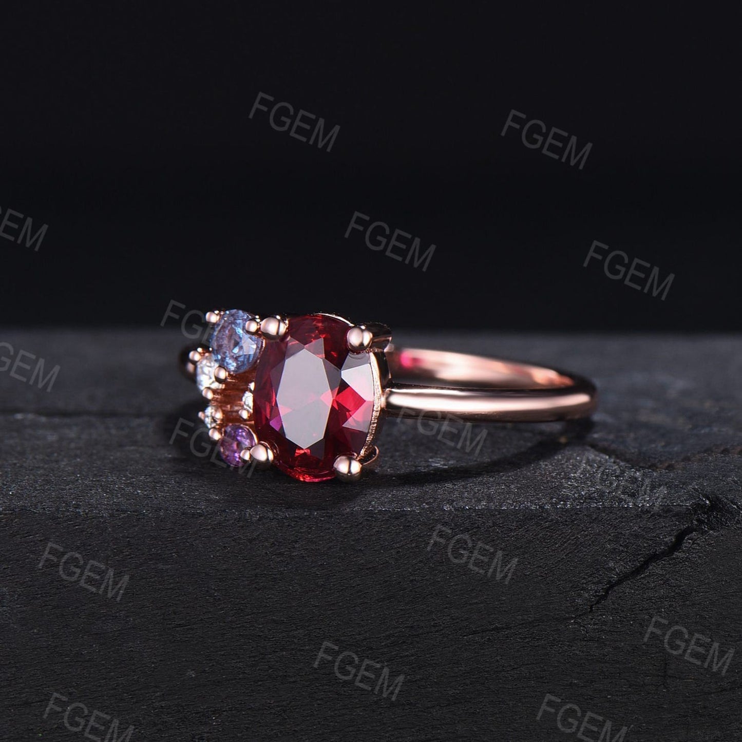 1.5ct Oval Cut Ruby Gemstone Jewelry 14K Rose Gold Ruby Alexandrite Amethyst Cluster Engagement Ring Multi Birthstone Ring Personalized Gift